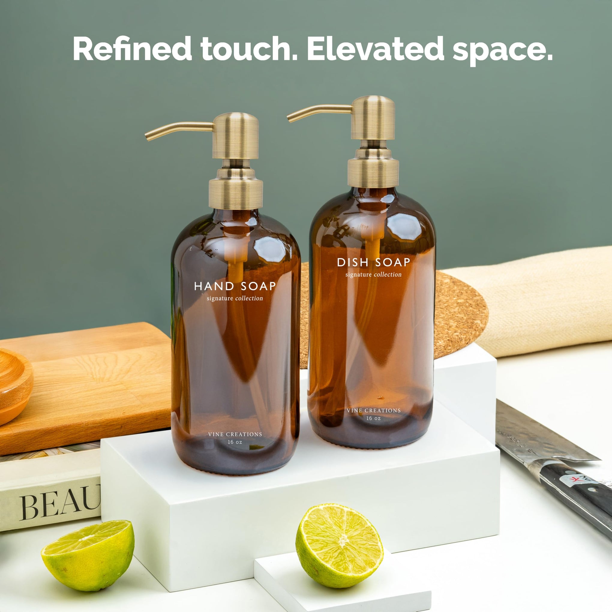 Amber Glass Soap Dispenser Set (16 Ounce)