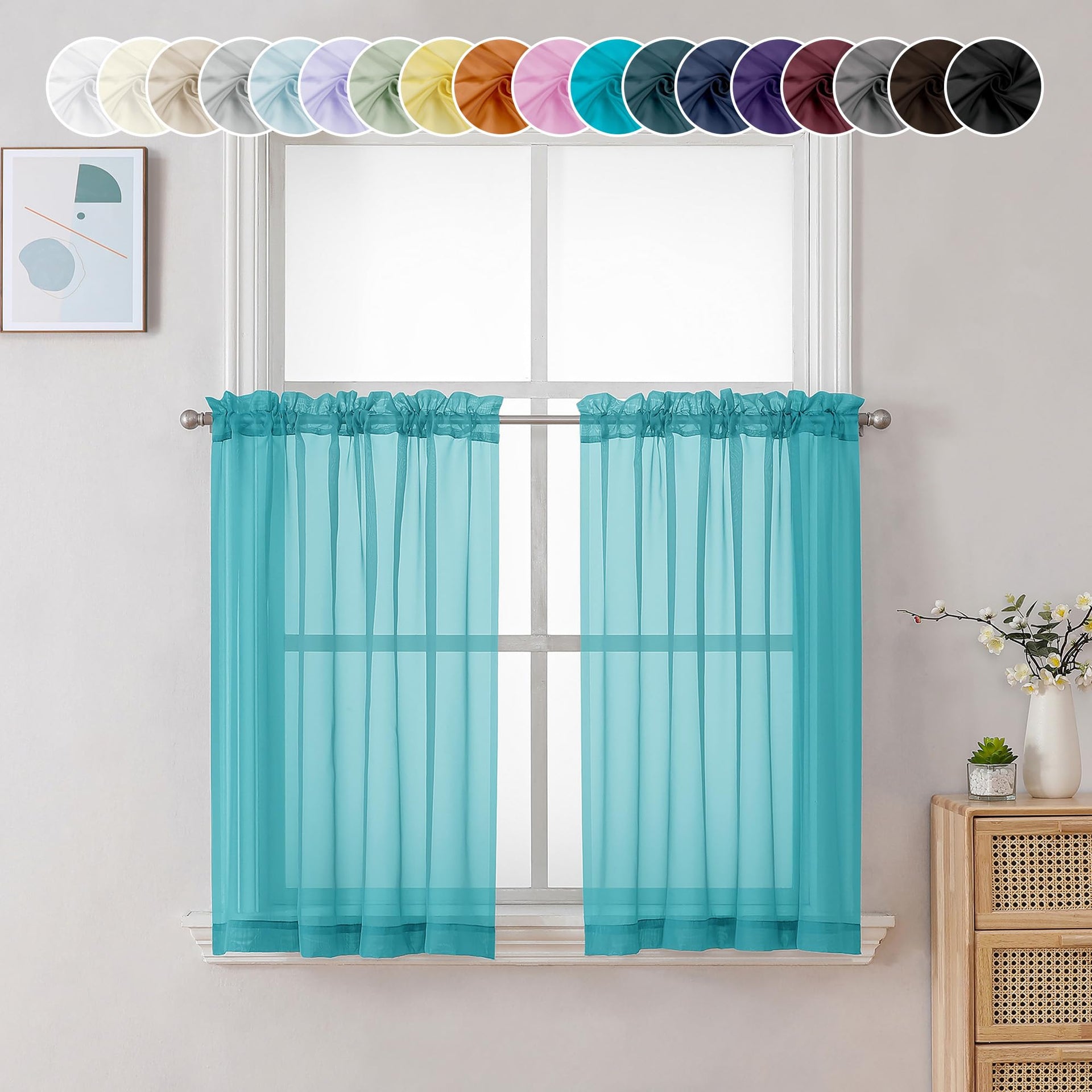 Sheer Turquoise Tier Curtains 24 Inch Length (2 Count)