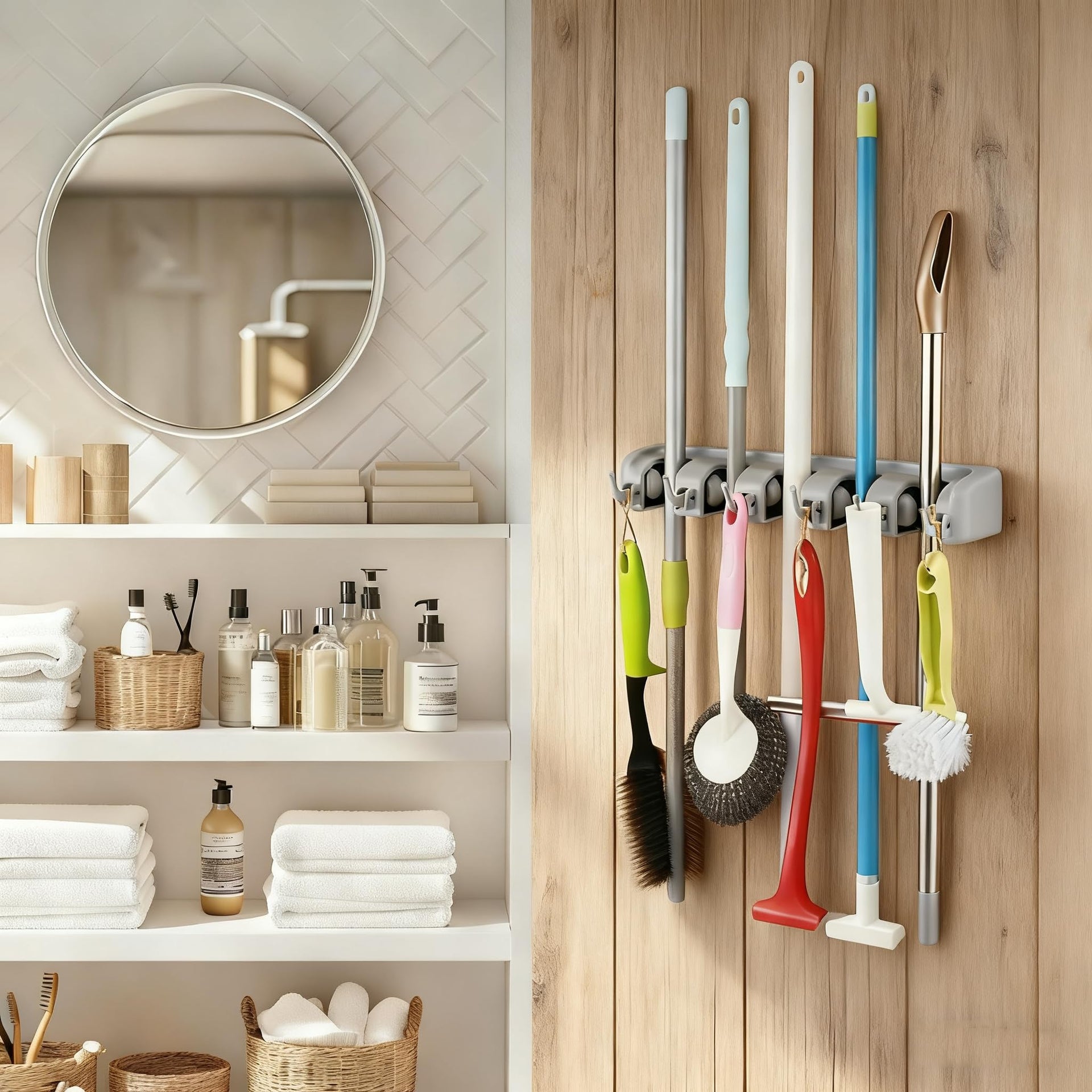 2 Pack Mop and Broom Holder Wall Mounted 5 Position Storage Rack with 6 Retractable Hooks Holds up to 11 Tools Utility Weatherproof Holder for Garage Storage Systems Broom Organizer
