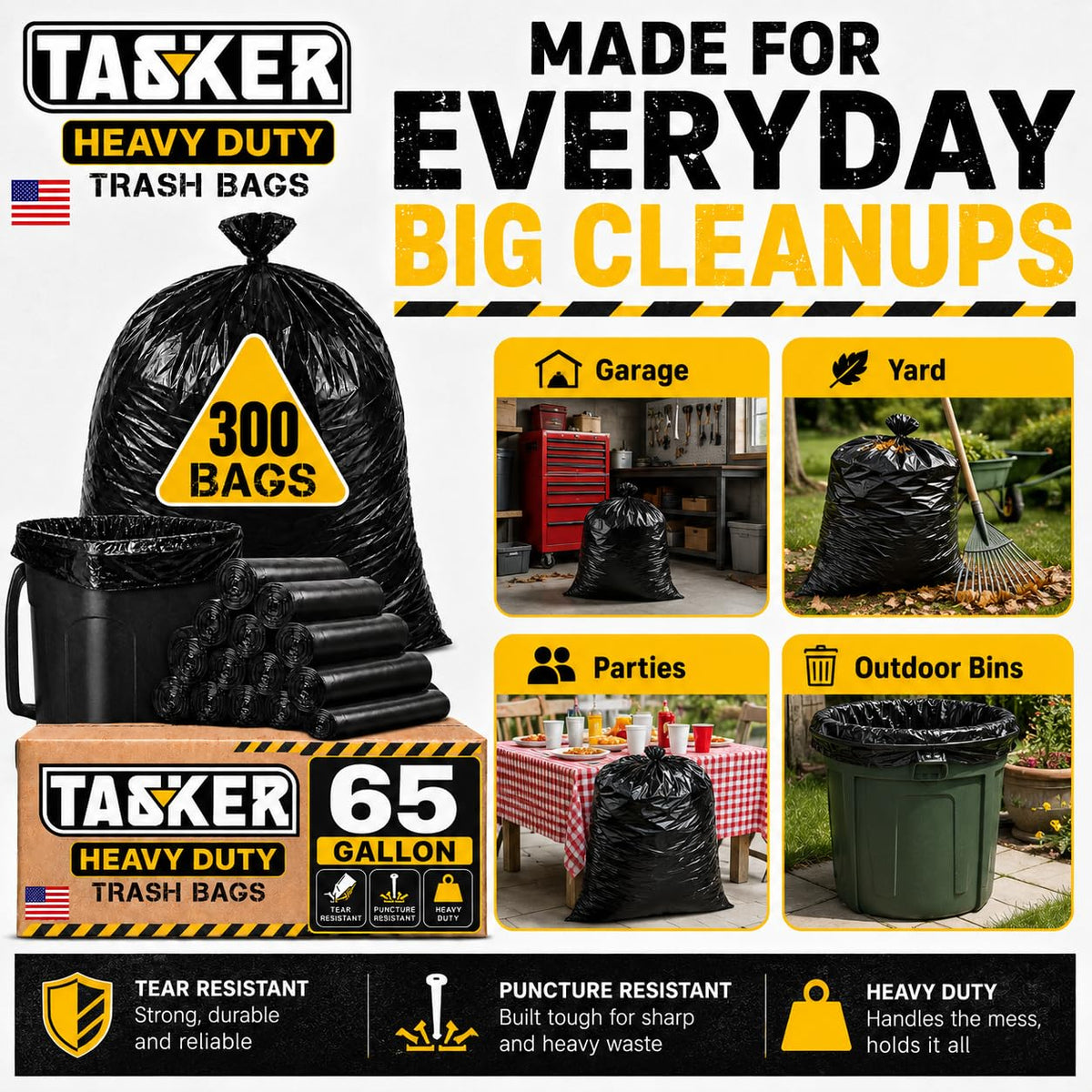 300 Bags, 64-65 Gallon Trash Bags Heavy Duty, Large Black Garbage Bags, Wide Mouth Trash Can Liners for 60, 64, 65 and 70 Gallon Cans to Fit Toter Cart Liners for Outdoor Lawn Yard Cleanup (300 Count)
