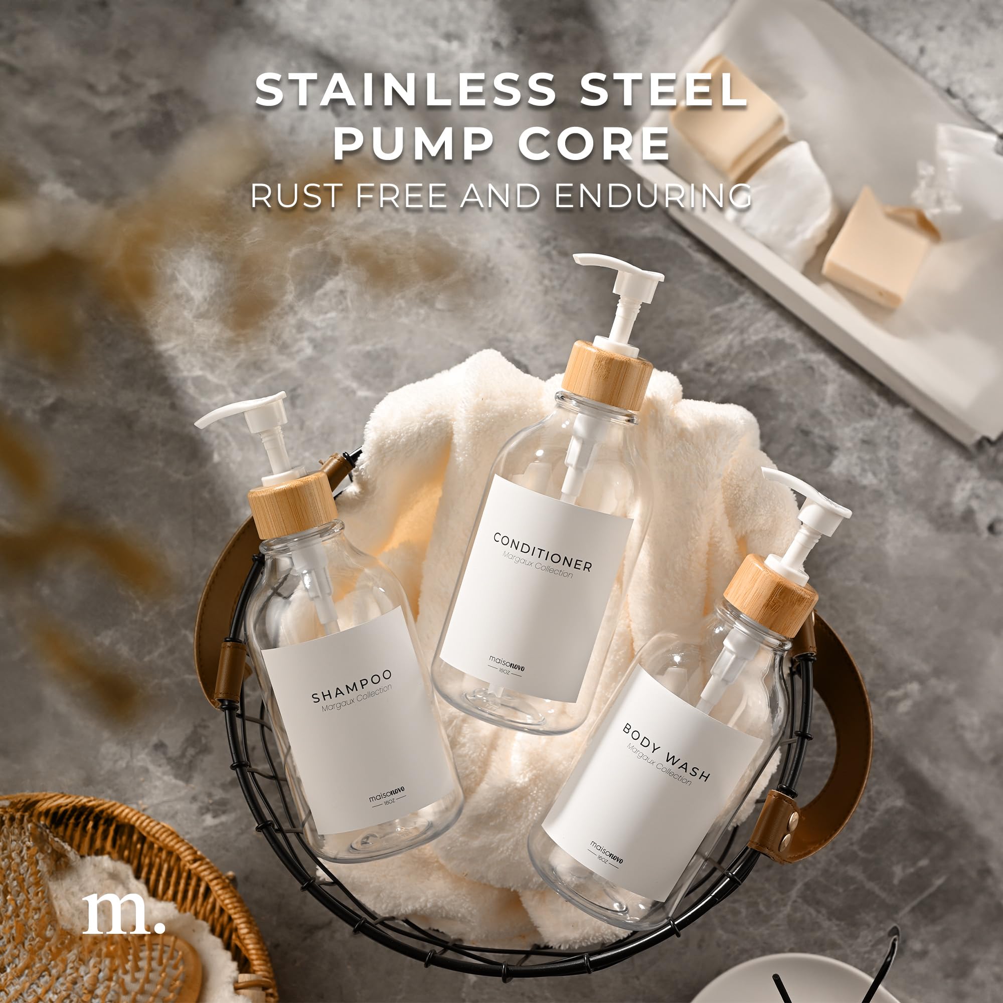 Shampoo and Conditioner Bottles Set of 3 Clear Bamboo (3 Count)