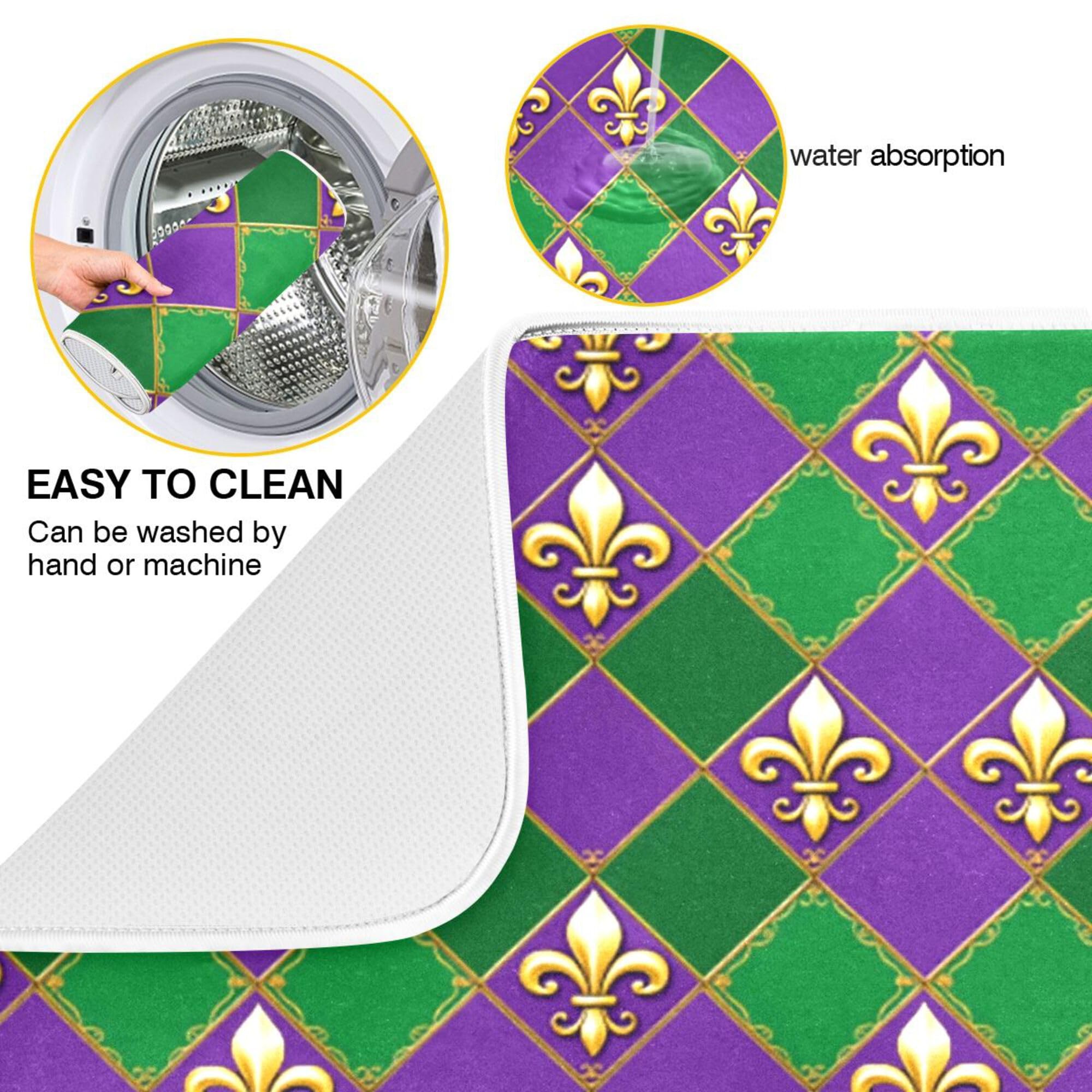 Happy Mardi Gras Purple Green Dish Drying Mat for Kitchen Countertop 16x18 Fleur de Lis Buffalo Plaid Small Drying Mat Reusable Quick Dry Dish Sink Mats Easy Clean Decorative Essentials