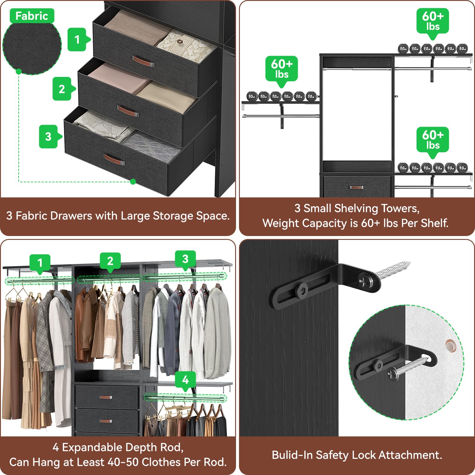5FT Small Closet System with 3 Fabric Drawers