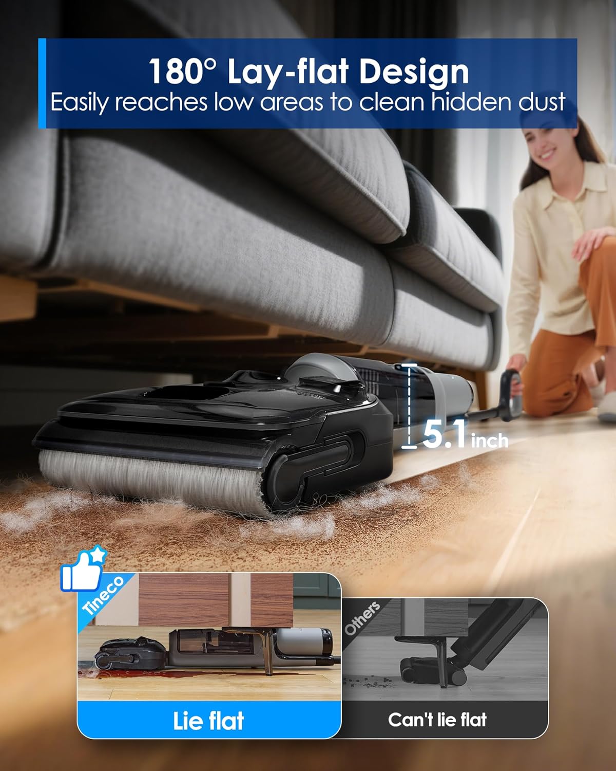 Tineco Floor ONE i5 Stretch Wet Dry Vacuum Cleaner, Vacuum & Mop in One Step, 20kpa Powerful Suction, 180° Lay-Flat Design, Anti-Tangle Design, Dual-Sided Edge Cleaning, Up to 30* Minutes Runtime - ModHome Supplies
