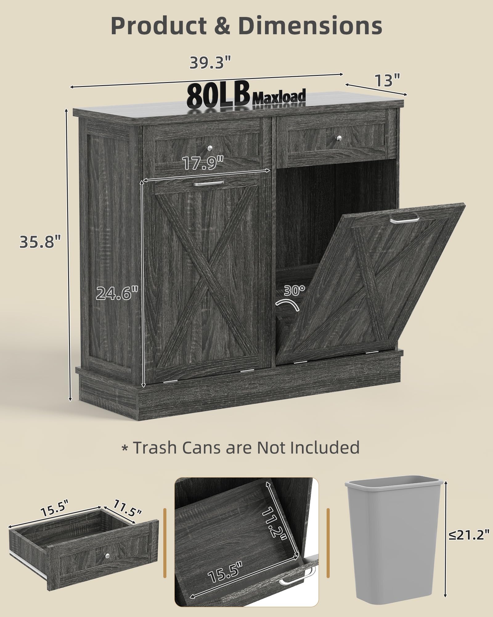 2x10 Gallon Tilt Out Trash Cabinet with Hideaway Drawers