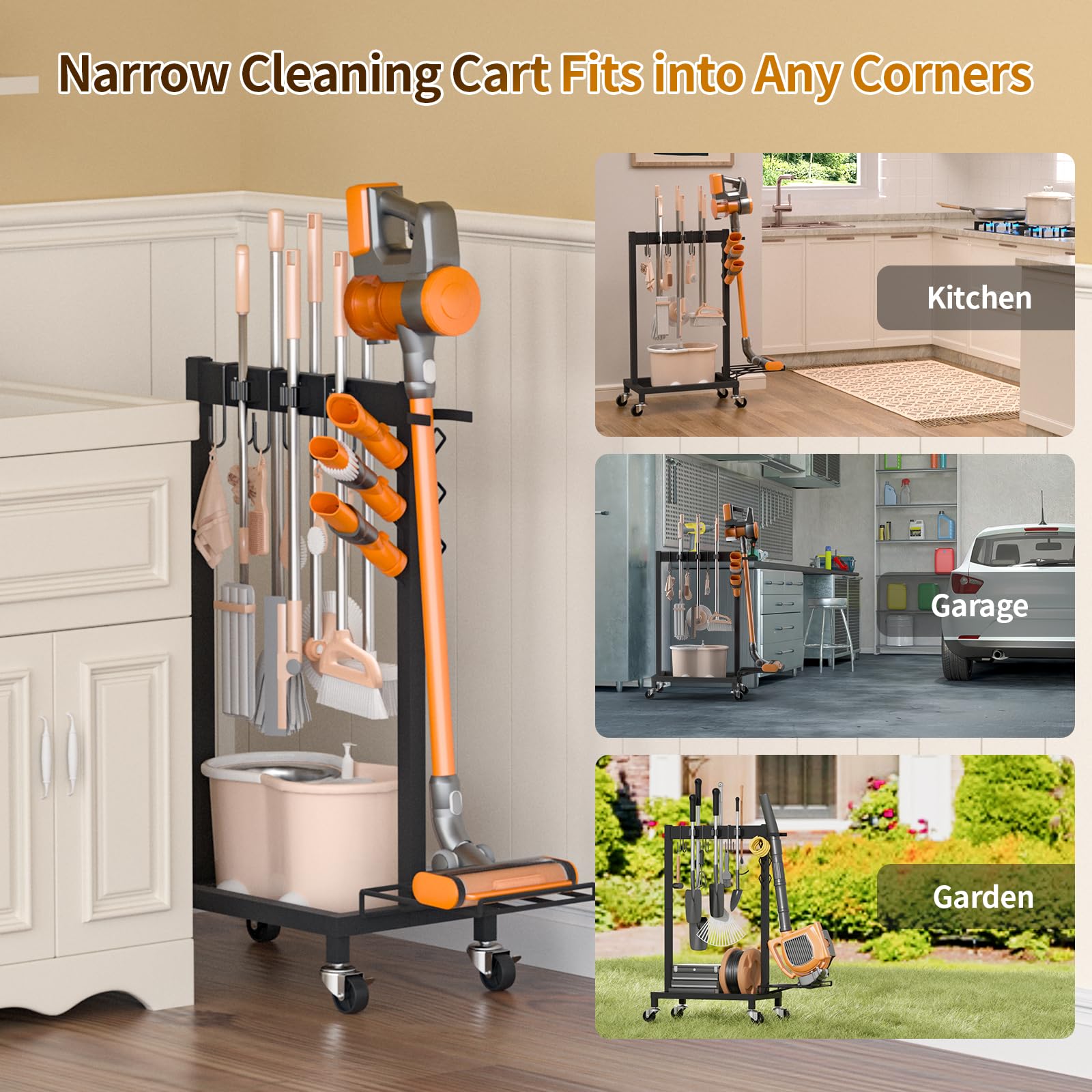 Broom Holder with Cleaning Supplies Organizer