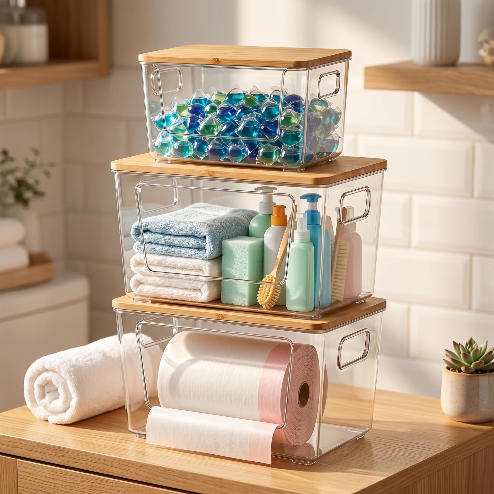 3 Pack Trash Bag Holder with Bamboo Lid Stackable Trashbag Dispenser