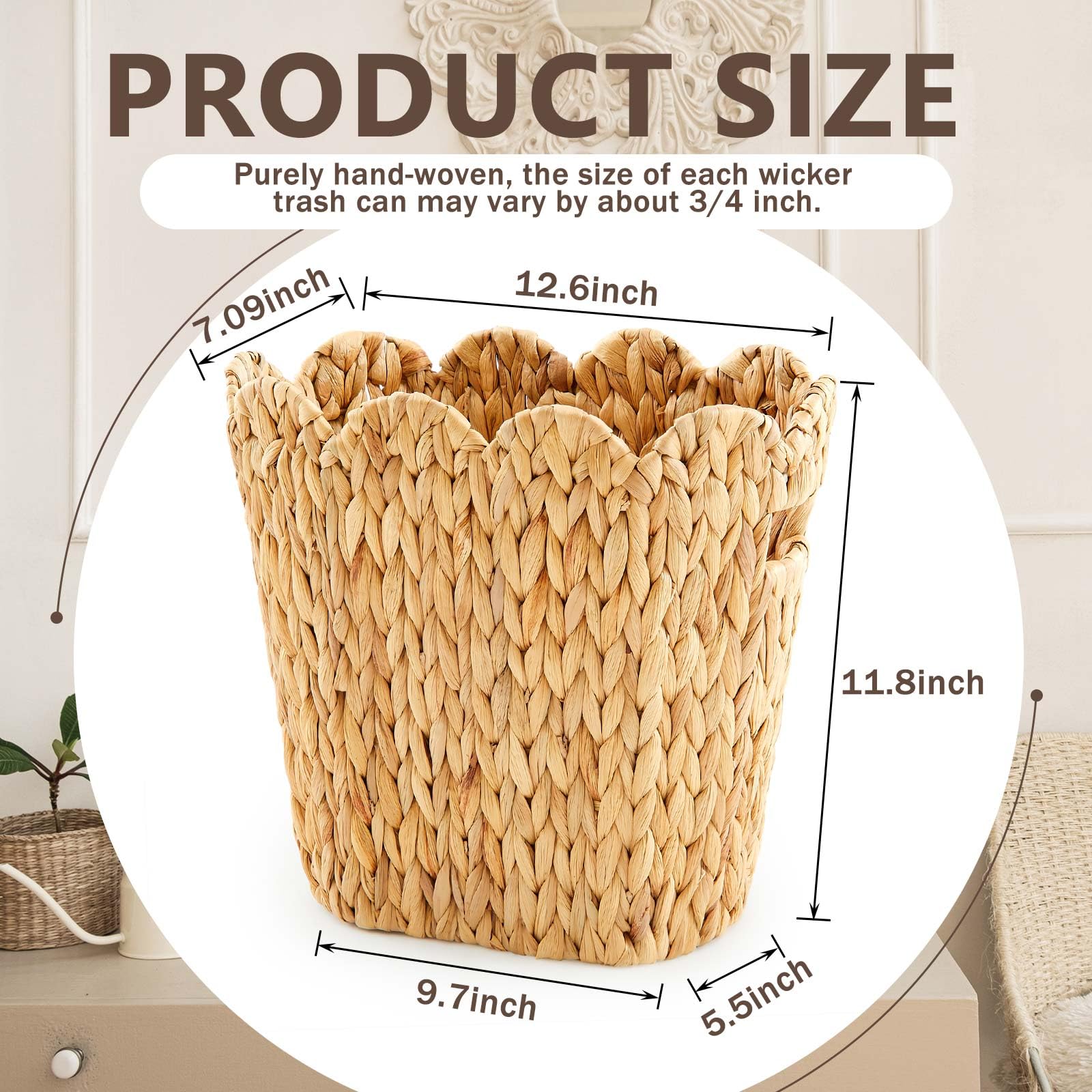 2 Pcs Wicker Trash Can with 50 Small Trash Bag Wicker Waste Woven Basket with Handles Clear Multi Use Garbage Bags for Bathroom Kitchen Bedroom (2 Count)