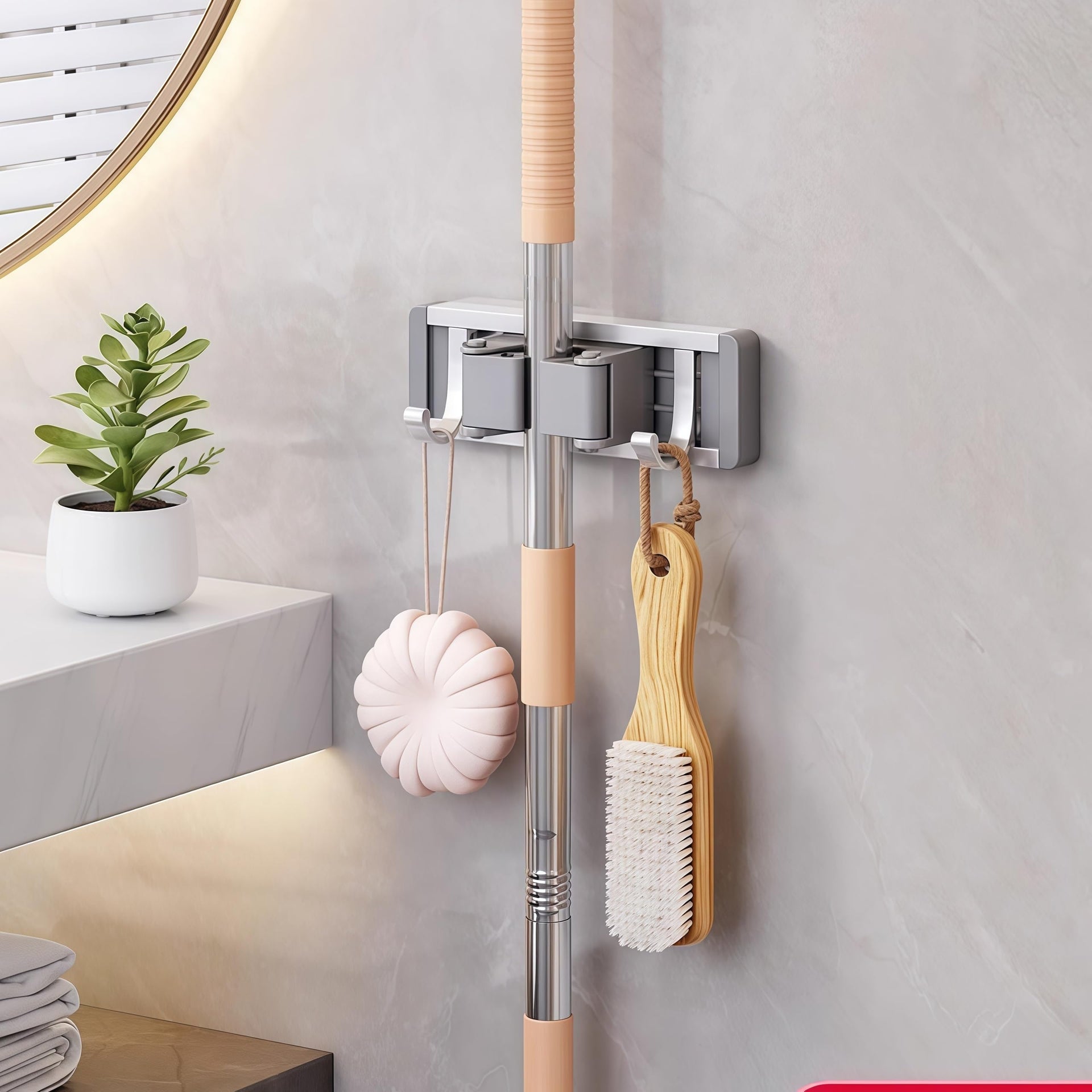 Mop and Broom Holder Wall Mount.Adjustable Tool Organizer Rack with Sliding Hooks