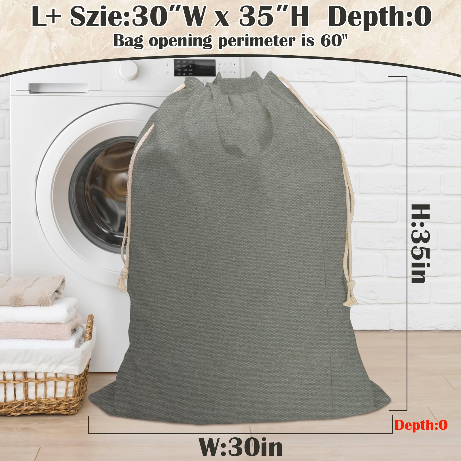 Cotton Canvas Laundry Bag 30"Wx 35"H with Handles Drawstring