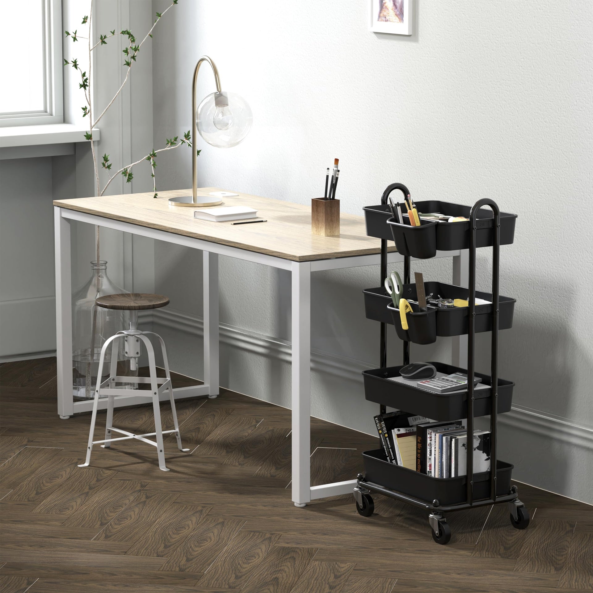 4 Tier Rolling Utility Cart with Hanging Bucket