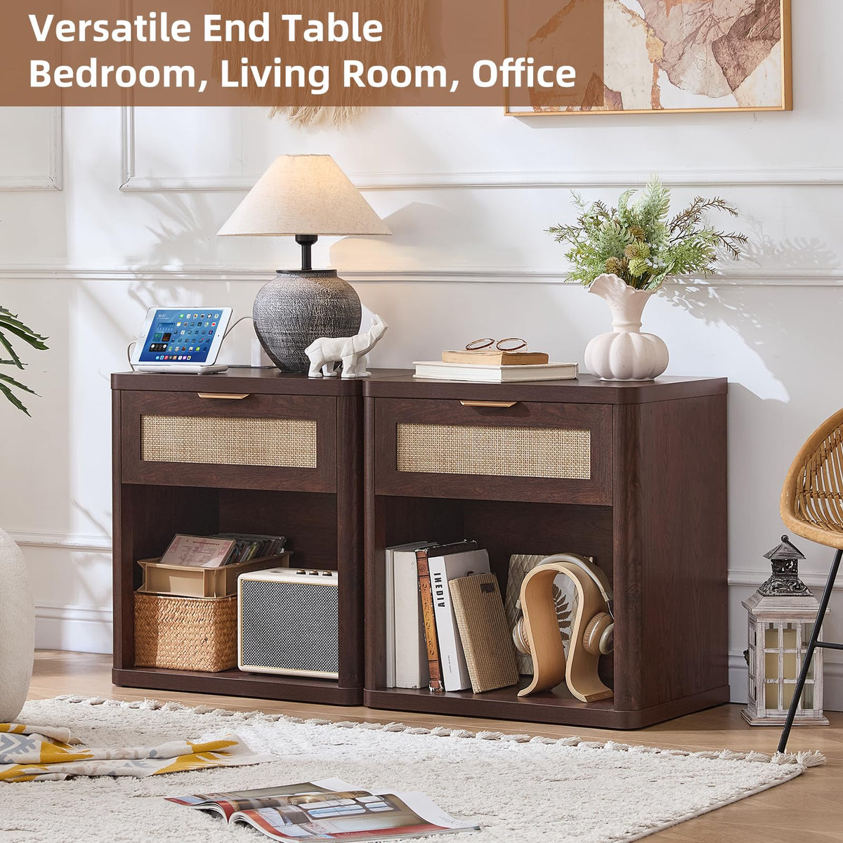 Rattan Nightstands Set of 2 with Charging Station (2 Count)