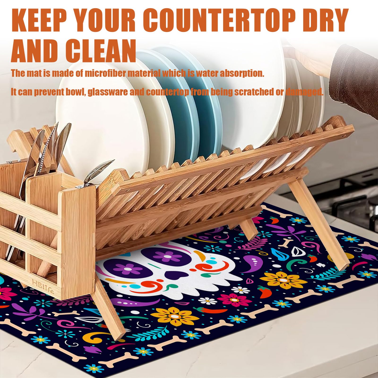 Sugar Skull Dish Drying Mat for Kitchen Counter Microfiber Absorbent Dish Day of the Dead Kitchen Drying Mat Draining Reusable Washable for Dishes