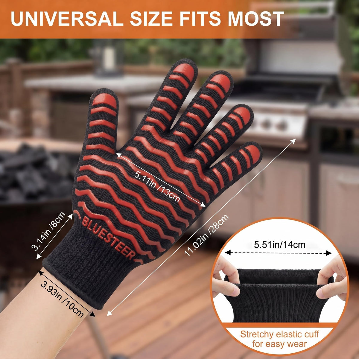 BBQ Gloves 1472°F Heat Resistant Oven Gloves with Fingers Heat Proof Grill Gloves Non (9.6 Ounce)