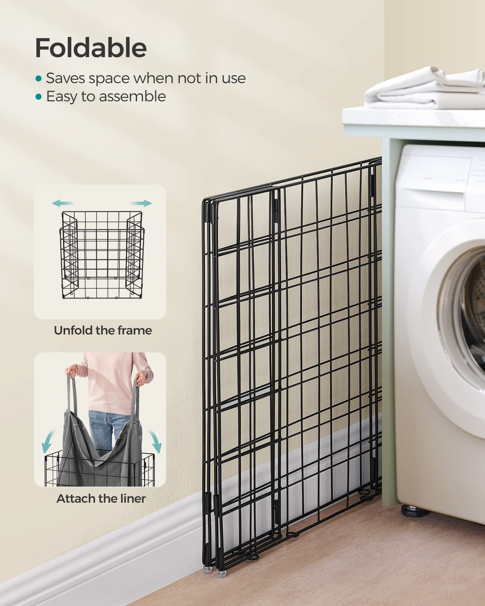 29 Gal. (110L) Laundry Basket, Laundry Hamper, Collapsible Clothes Hamper, Removable and Washable Liner, Metal Wire Frame, for Bedroom Bathroom, Black and Gray ULCB111G01 - ModHome Supplies