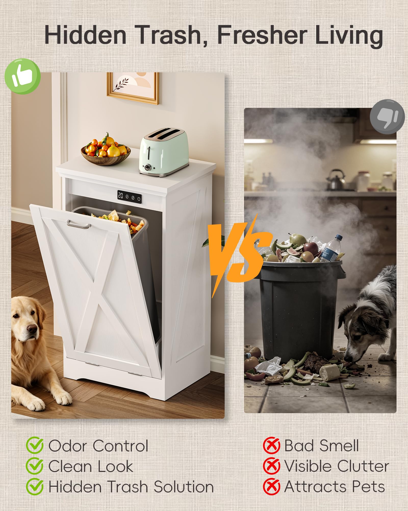 Single 13 Gallon Tilt Out Trash Can Cabinet with Deodorising Function