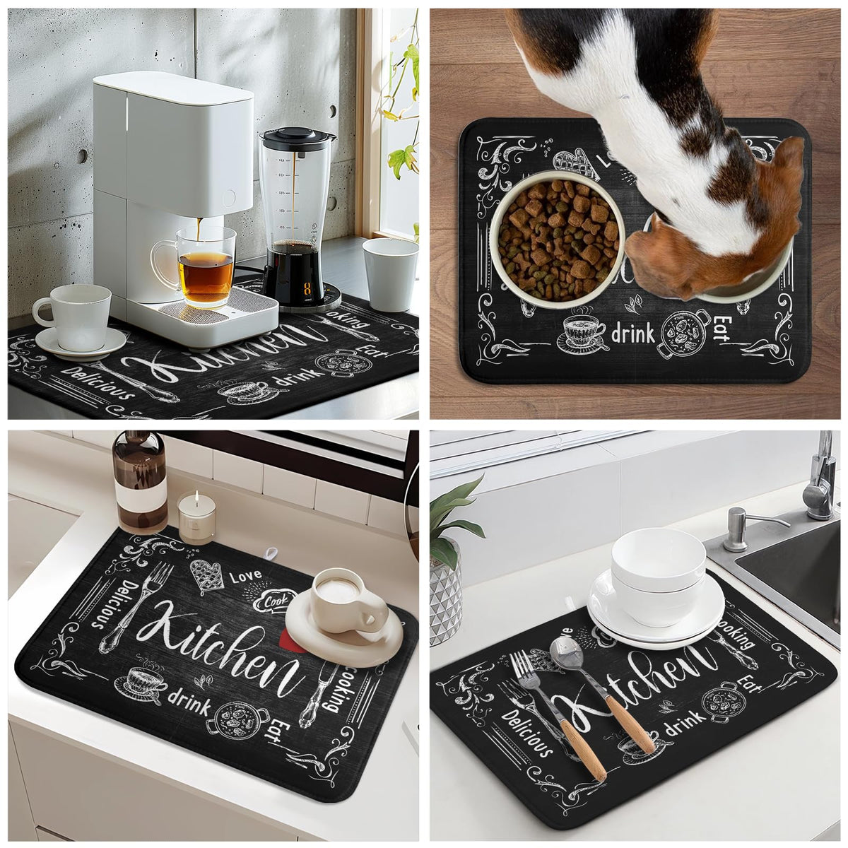 Black Coffee Bar Dish Drying Mats for Kitchen Counter 18x24 Inch