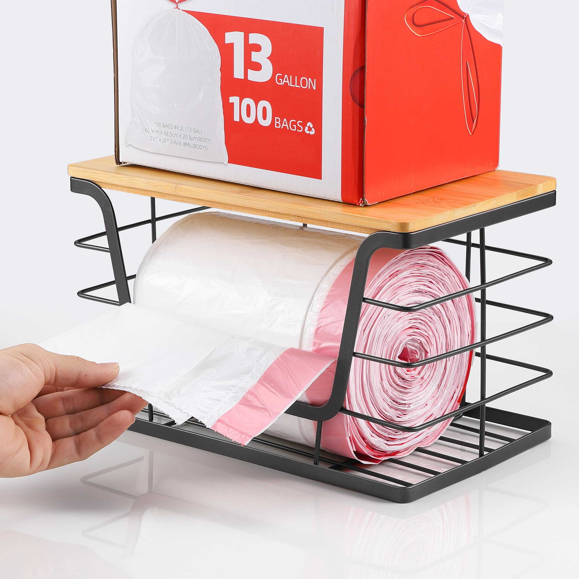 Extra Large Trash Bag Holder Dispenser With Bamboo Top