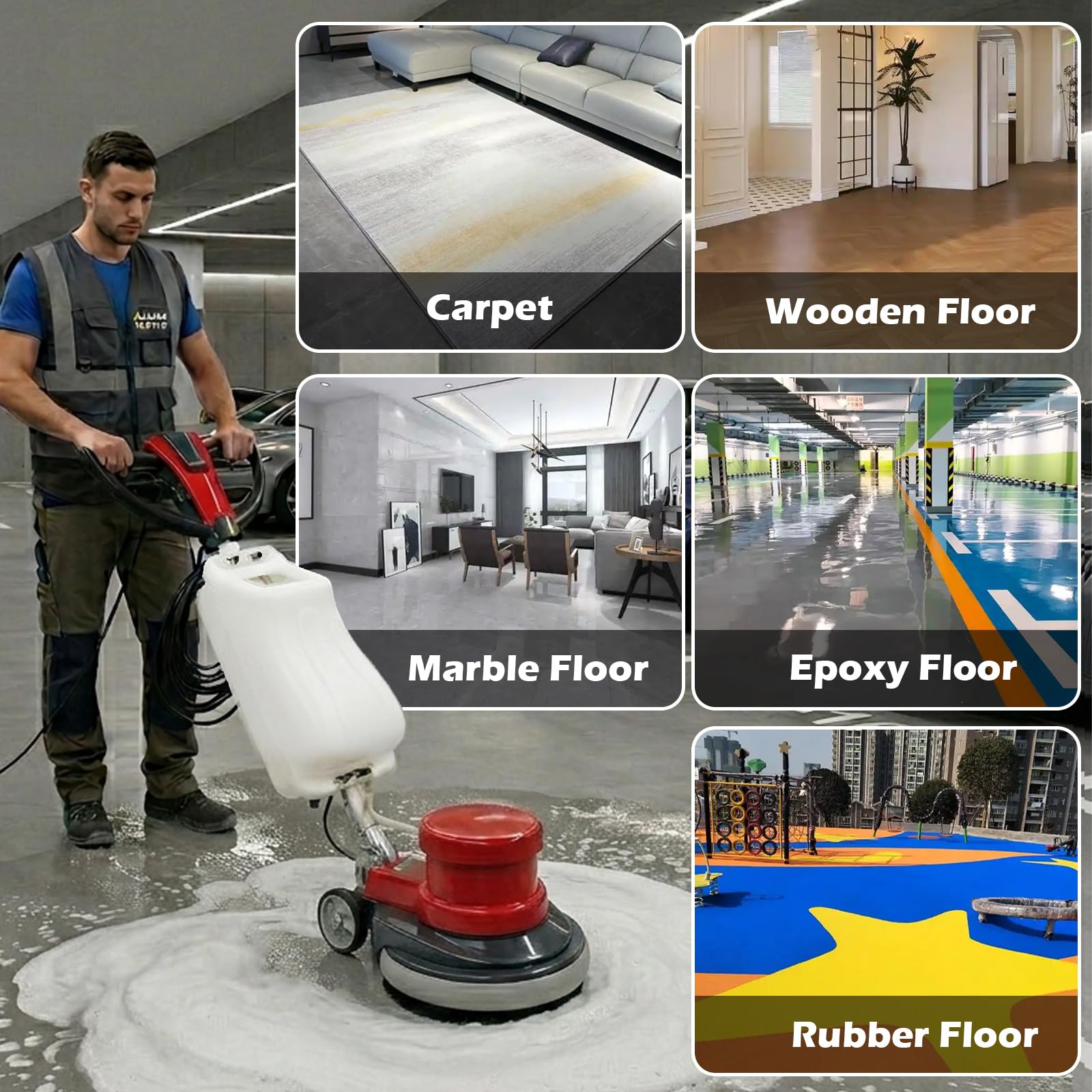 Floor Polisher & Buffer Commercial Floor Buffer Scrubber 17" Carpet Cleaning Machine 154RPM Industrial Orbiter Floor Cleaning with 3gal Tank and 3 Brush heads
