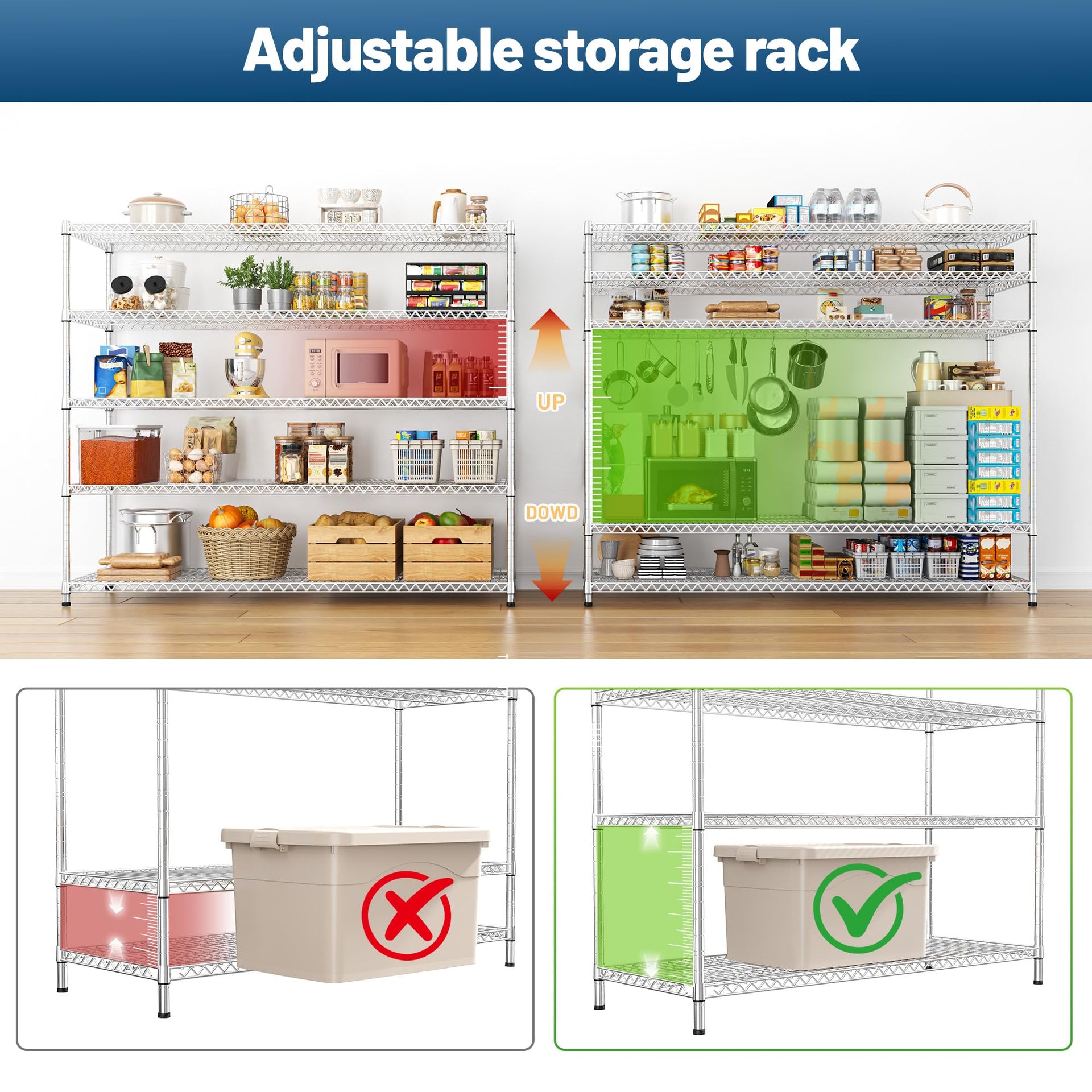 55.5" W Storage Shelves 3200LBS Metal Shelving 5 Tier Wire Shelving Garage Shelving Heavy Duty Metal Shelves for Shelving Unit Commercial Adjustable Shelf (2 Count)