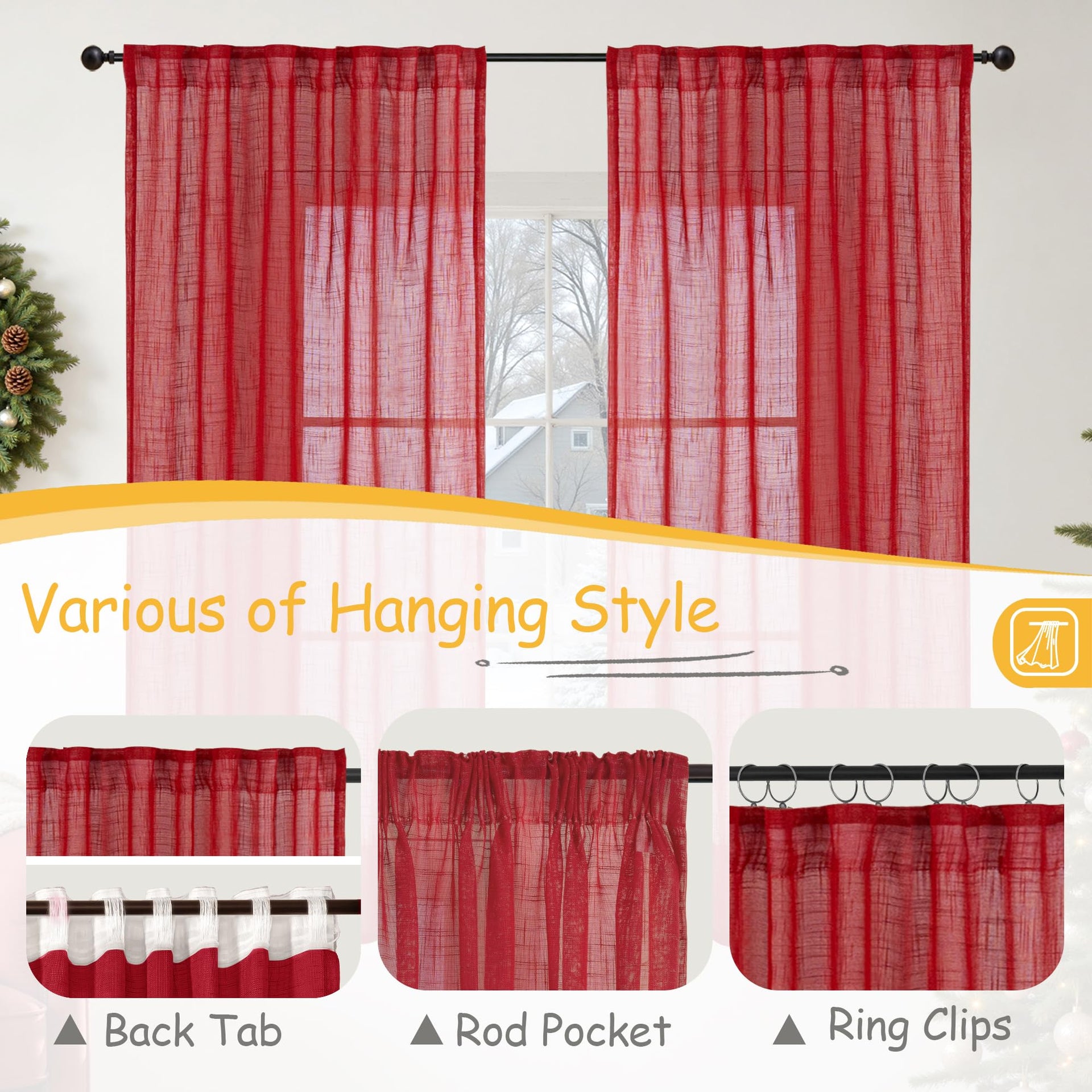 Red Linen Kitchen Window Curtains 45 Inch Length (2 Count)