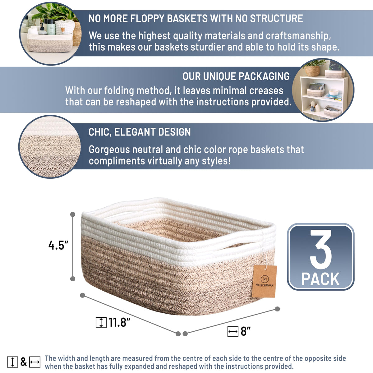 11.8"x8"x4.5” Storage Baskets for Shelves 3 Pack (3 Count)