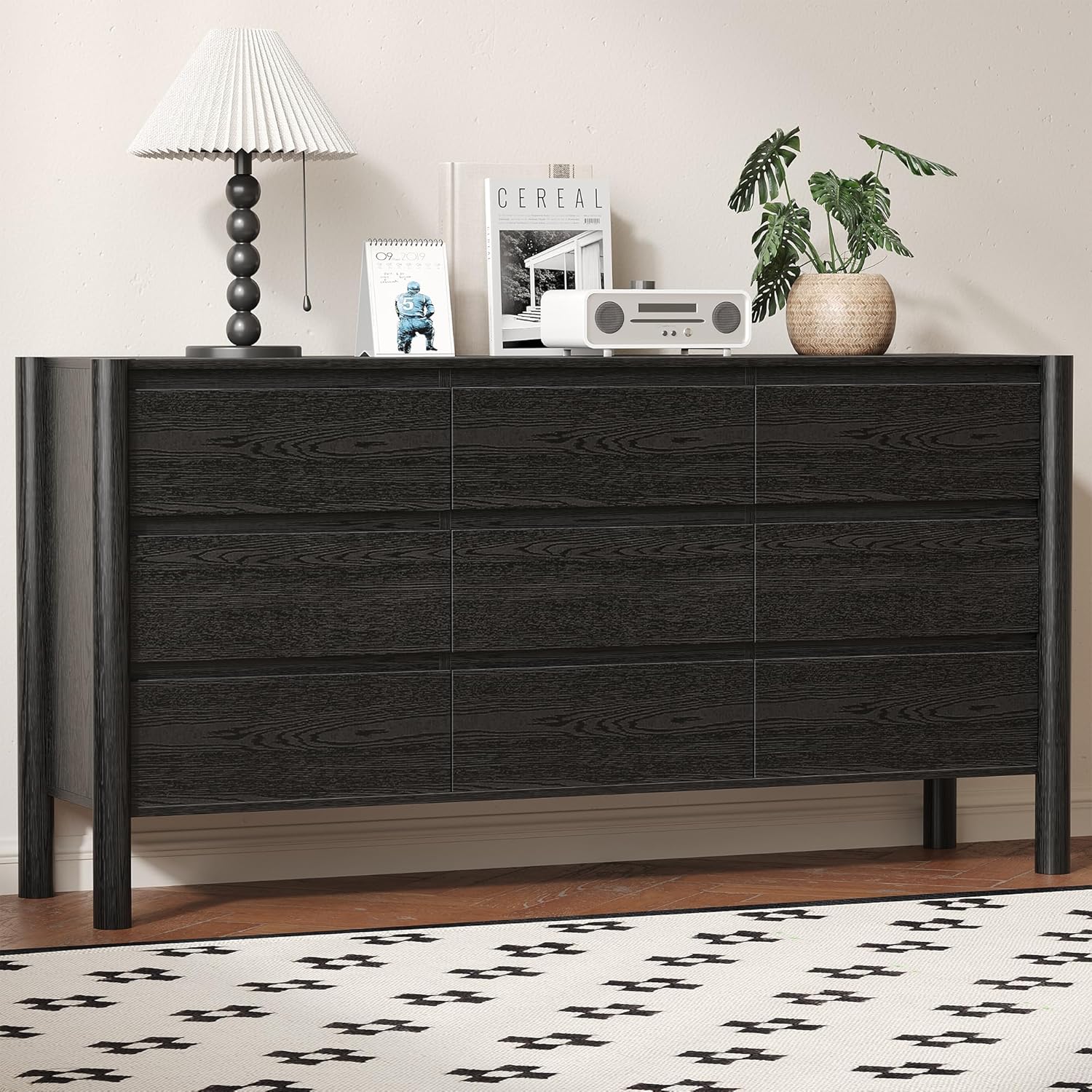 Dresser for Bedroom with 9 Drawers,63" Wide Black Dresser with 4 Solid Wood Legs, Wooden TV Stand,Closet Clothes Organizer for Bedroom, Hallway