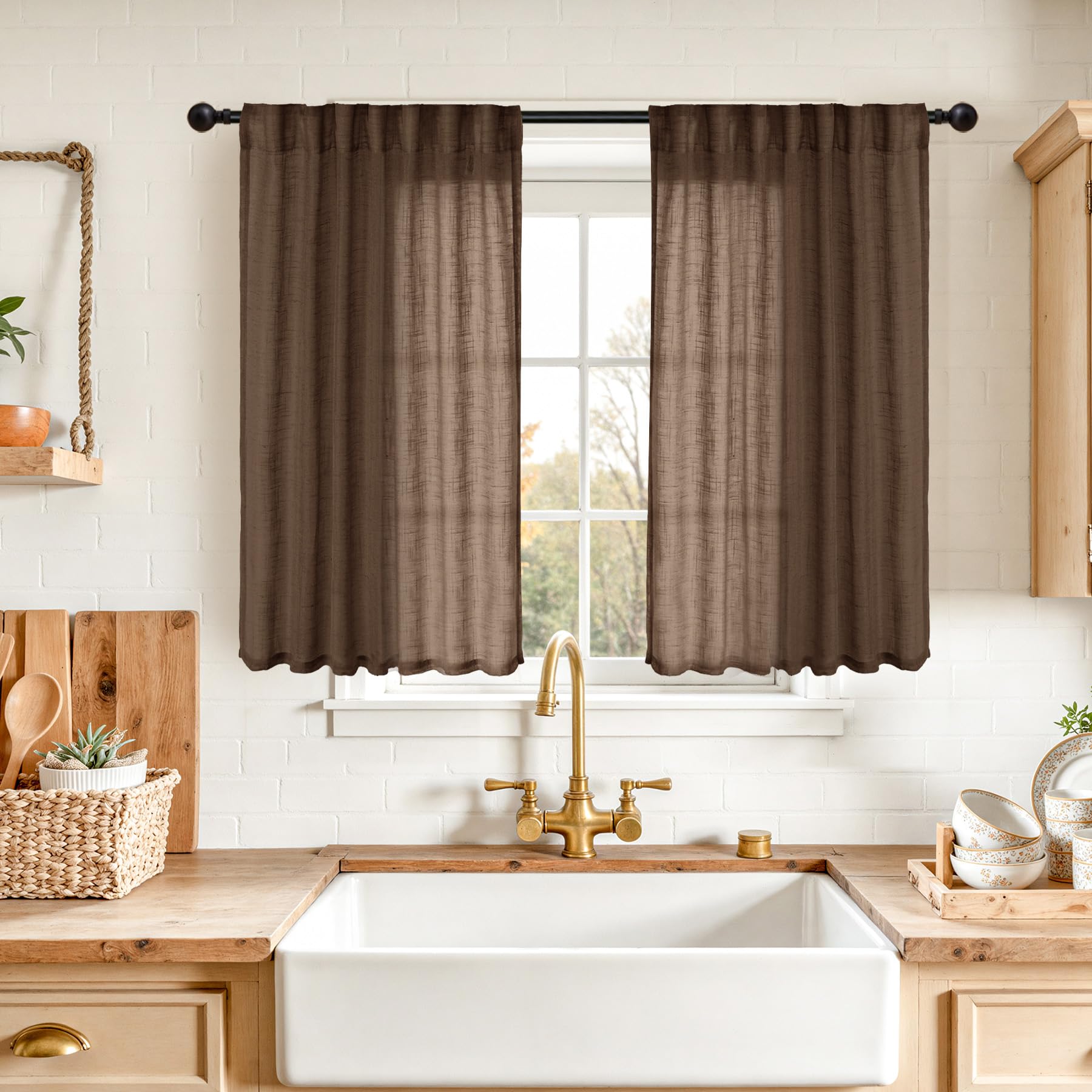 Brown Linen Curtains 40 Inches Long for Kitchen Window (2 Count)