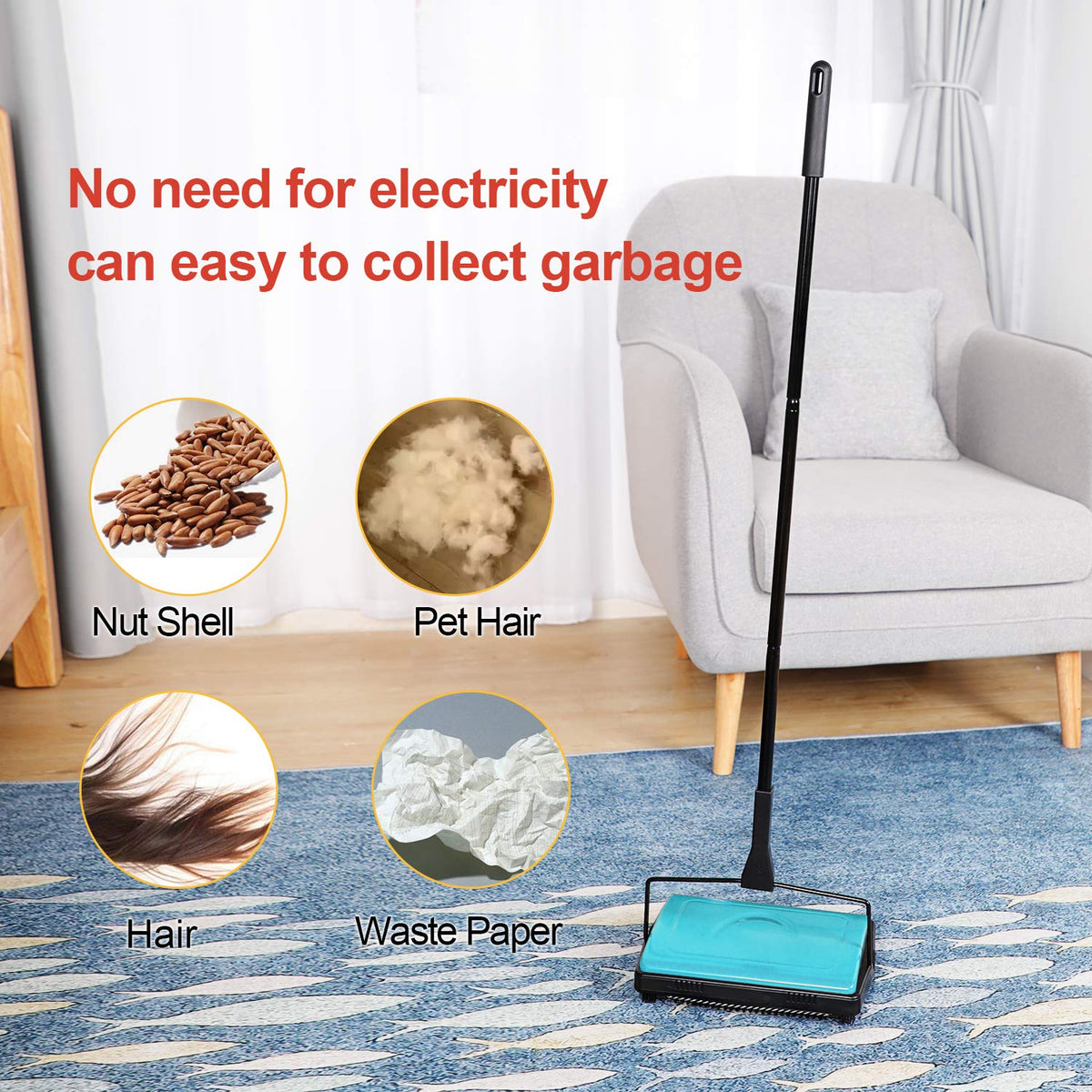 Carpet Sweeper Cleaner Manual Household Sweeper Lightweight Blue