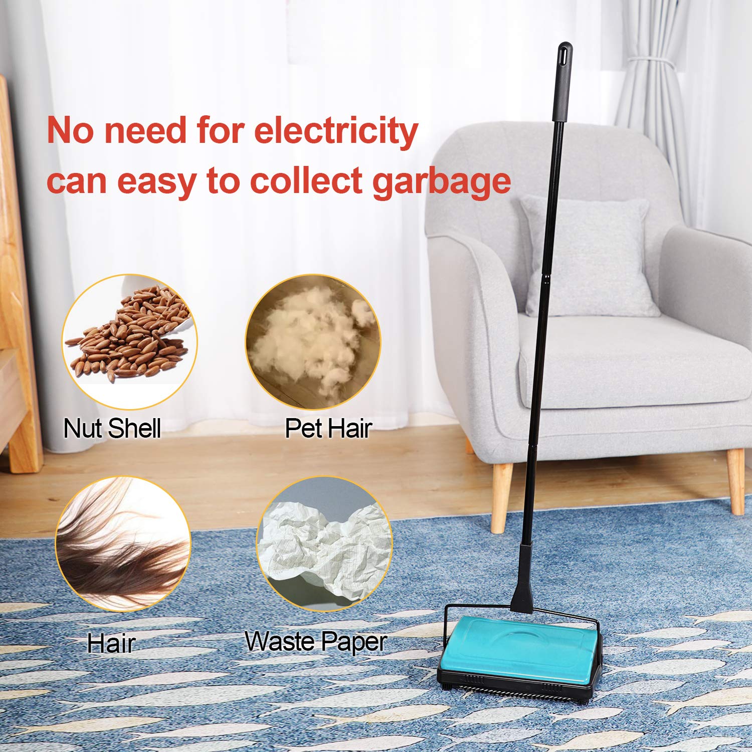 Carpet Sweeper Cleaner Manual Household Sweeper Lightweight Blue