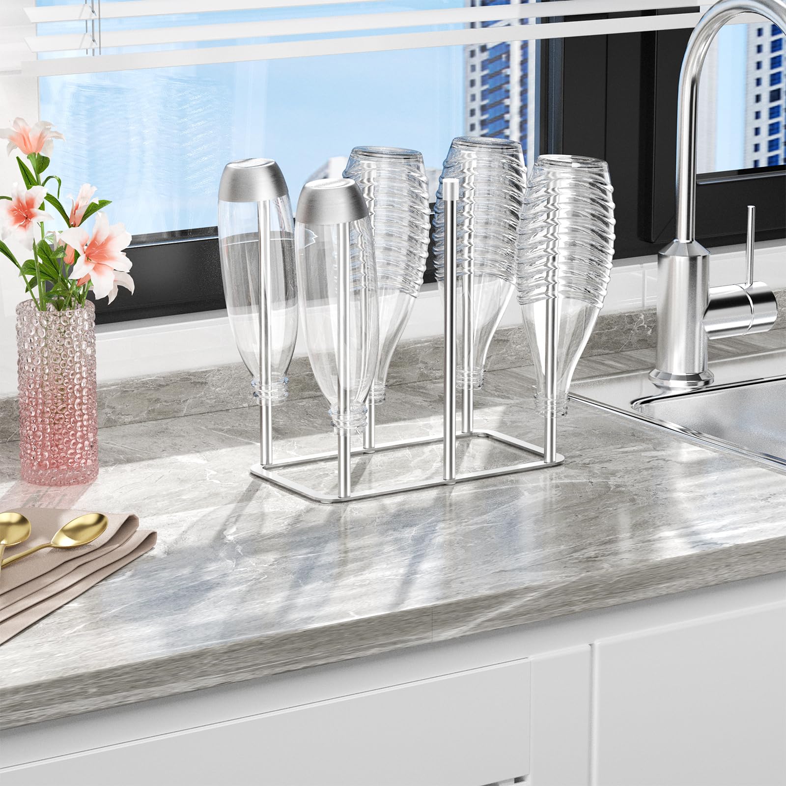Water Bottle Drying Rack Reusable Bottle Rack Dryer Kitchen Stand Holder Metal Countertop Baby Bottle Drying Rack Water Cup Drying Rack for Plastic Bags