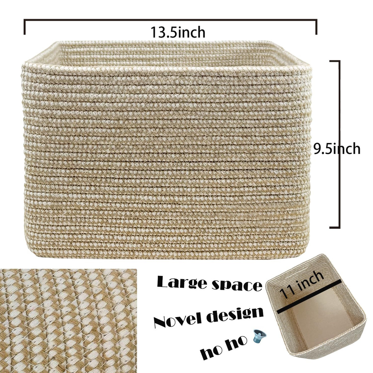 3PACK Cotton Rope Square Basket with Handles for Shelves (3 Count)
