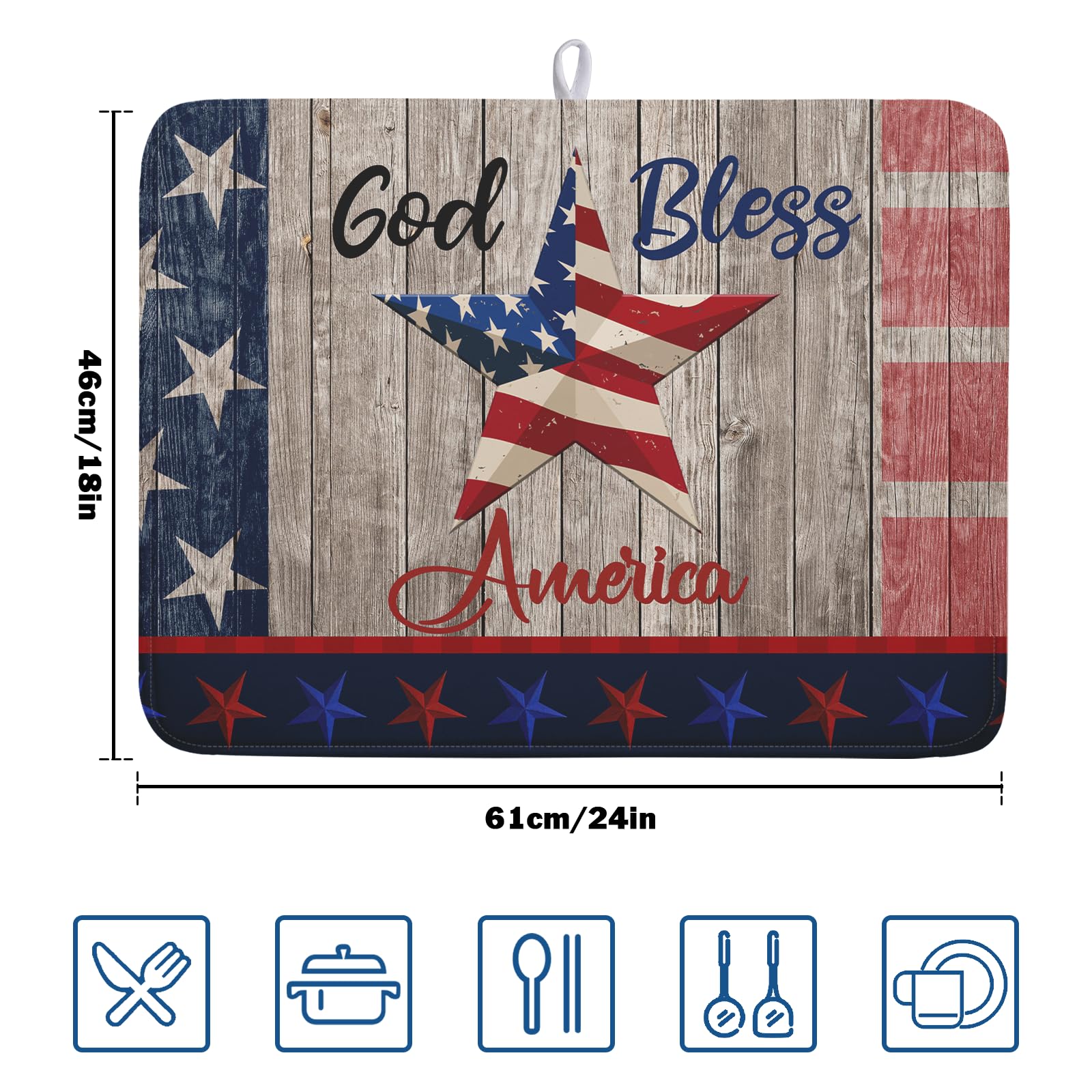 4th of July Dish Drying Mat 18x24 Inch Patriotic God Bless America Memorial Kitchen Mats Independence Day Absorbent Dishes Pad for Kitchen Counter USA Star Drying Mat Home Decor for Countertop