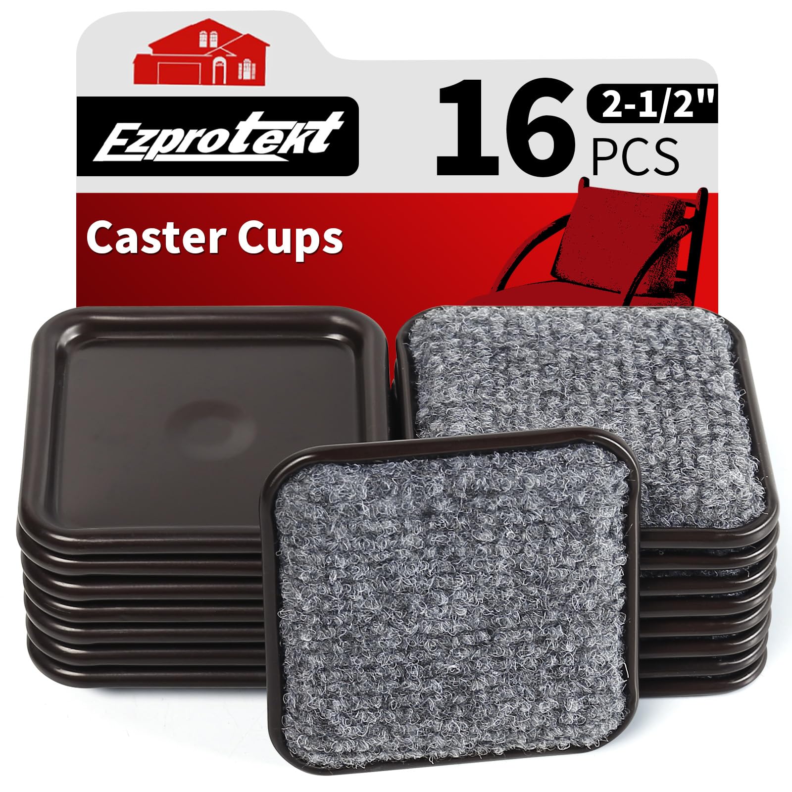 2.5" Square Carpet Bottom Furniture Caster Cups (16 Count)