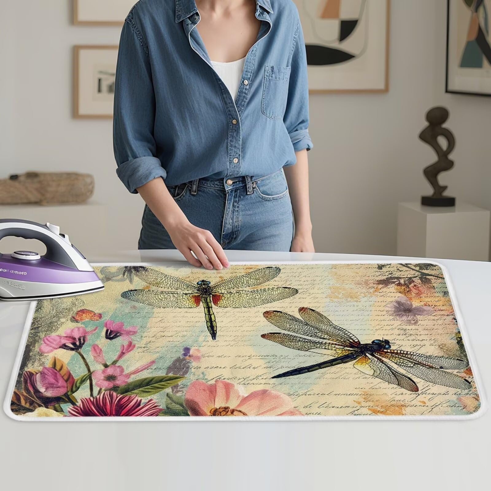 Vintage Ironing Pad Dragonfly Ironing Blanket Thick Travel Iron Pad Heat Resistant Ironing Board Cover for Table Top
