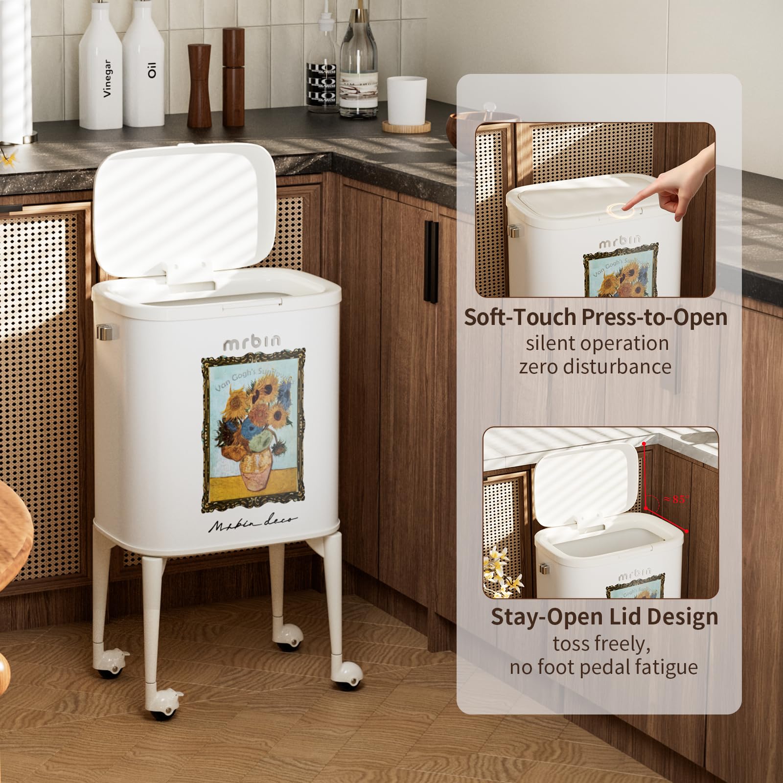 23L Art Decor Trash Can with Wheels