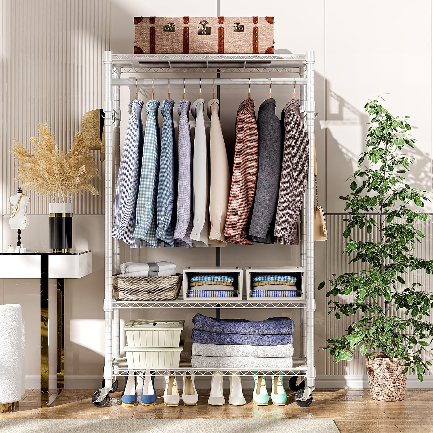 Heavy Duty Rolling Garment Rack 3 Tiers Adjustable Wire Shelving Clothes Rack with Rods and Side Hooks