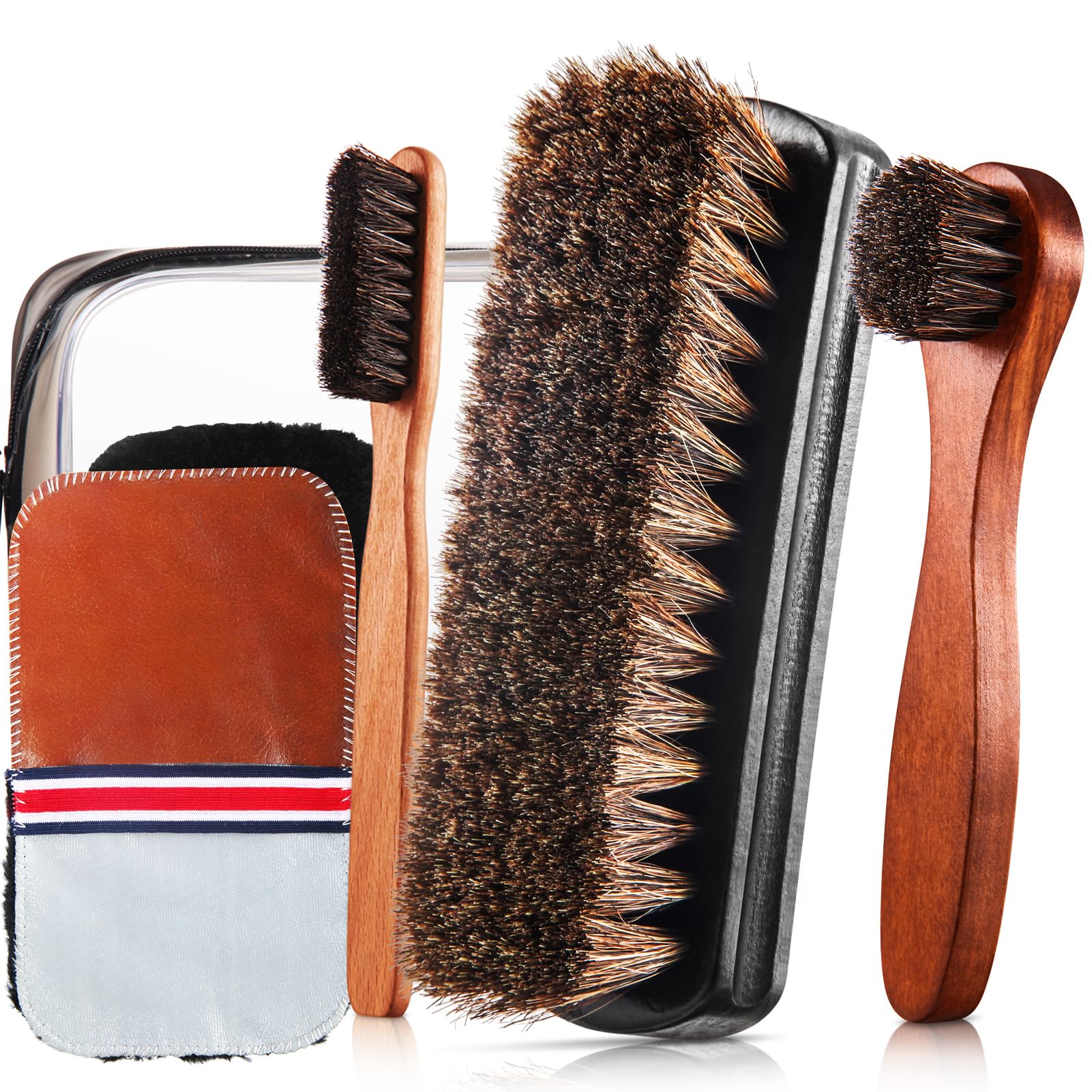 6 Pcs Horsehair Shine Shoes Brush Kit Polish Dauber Applicators Cleaning Leather Shoes Boots Care Brushes Suede Cleaner Brush with Microfiber Shoe Gloves