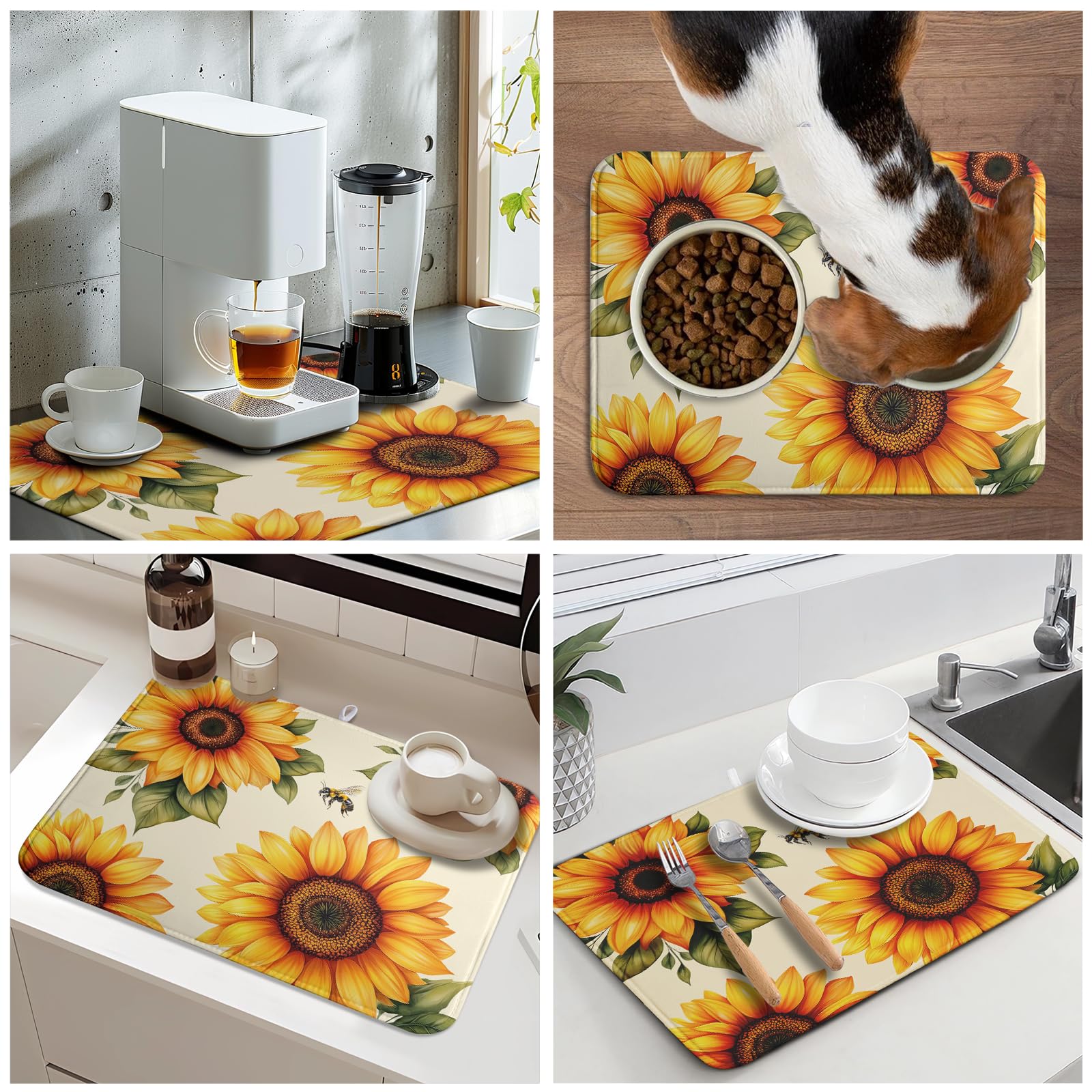 Sunflower Dish Drying Mat 18x24 Inch Absorbent Reversible Summer Drying Mat Sunflower Bee Dish Drying Rack Mat Yellow Summer Themed Dish Drainer Mat for Kitchen Counter Coffee Bar