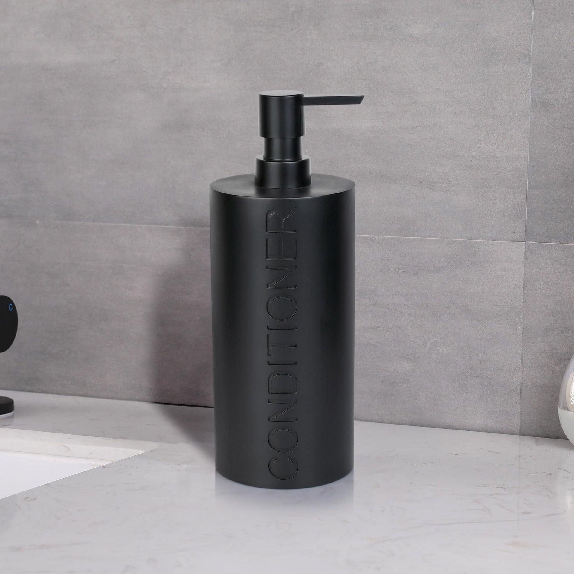 Matte Black Conditioner Dispenser Luxurious Refillable Pump Bottle with Black Resin Pump and Embossed Text