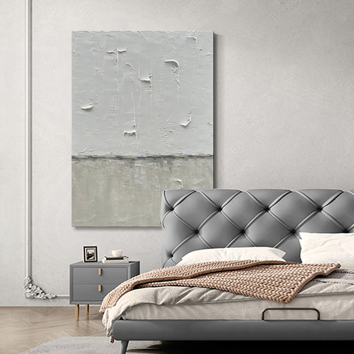 Hand Painted Grey and White Art Canvas Paintings Minimalist Abstract Oil Painting Wall Art 40x28 Inch Art Home Decoration Wall Ready to Hang