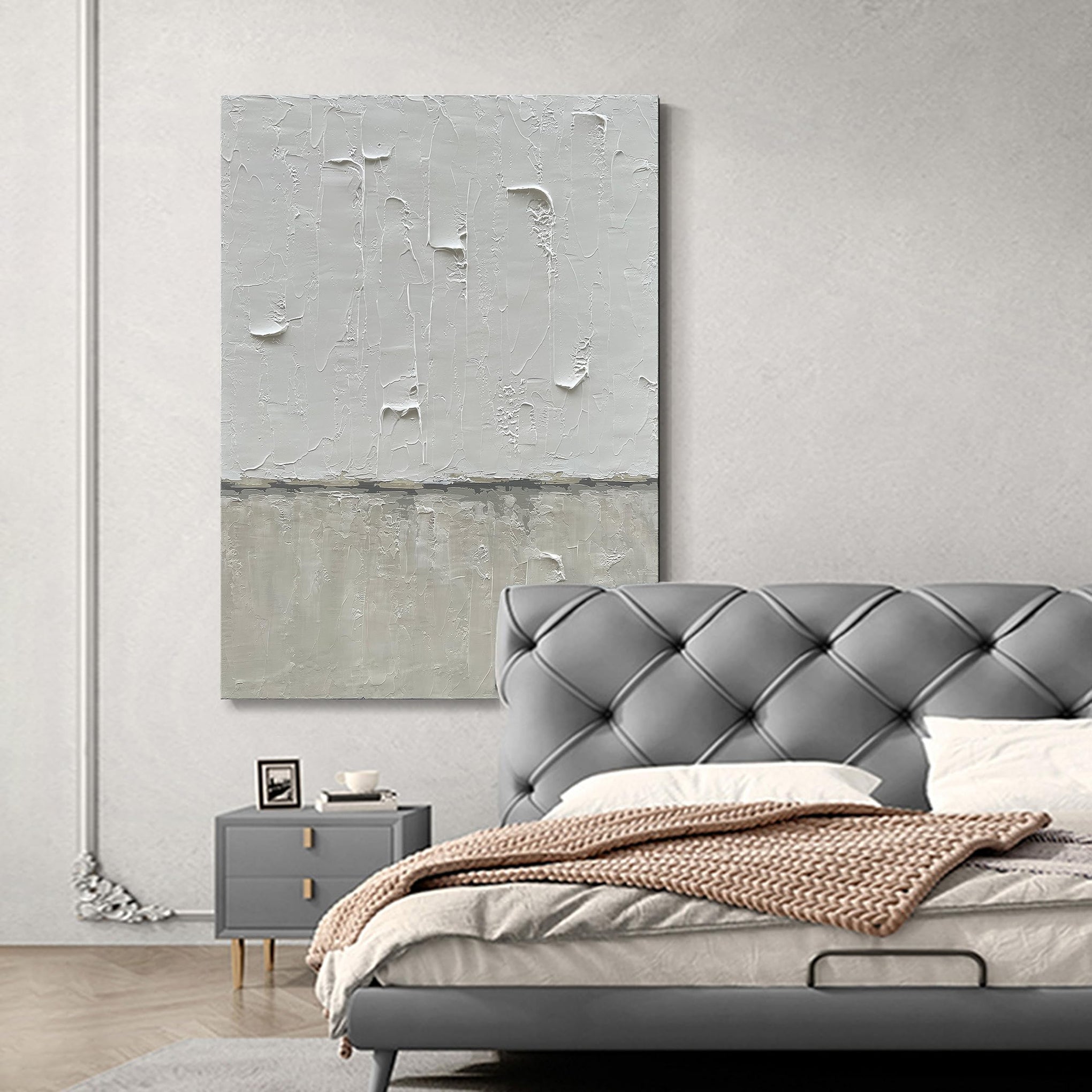Hand Painted Grey and White Art Canvas Paintings Minimalist Abstract Oil Painting Wall Art 40x28 Inch Art Home Decoration Wall Ready to Hang