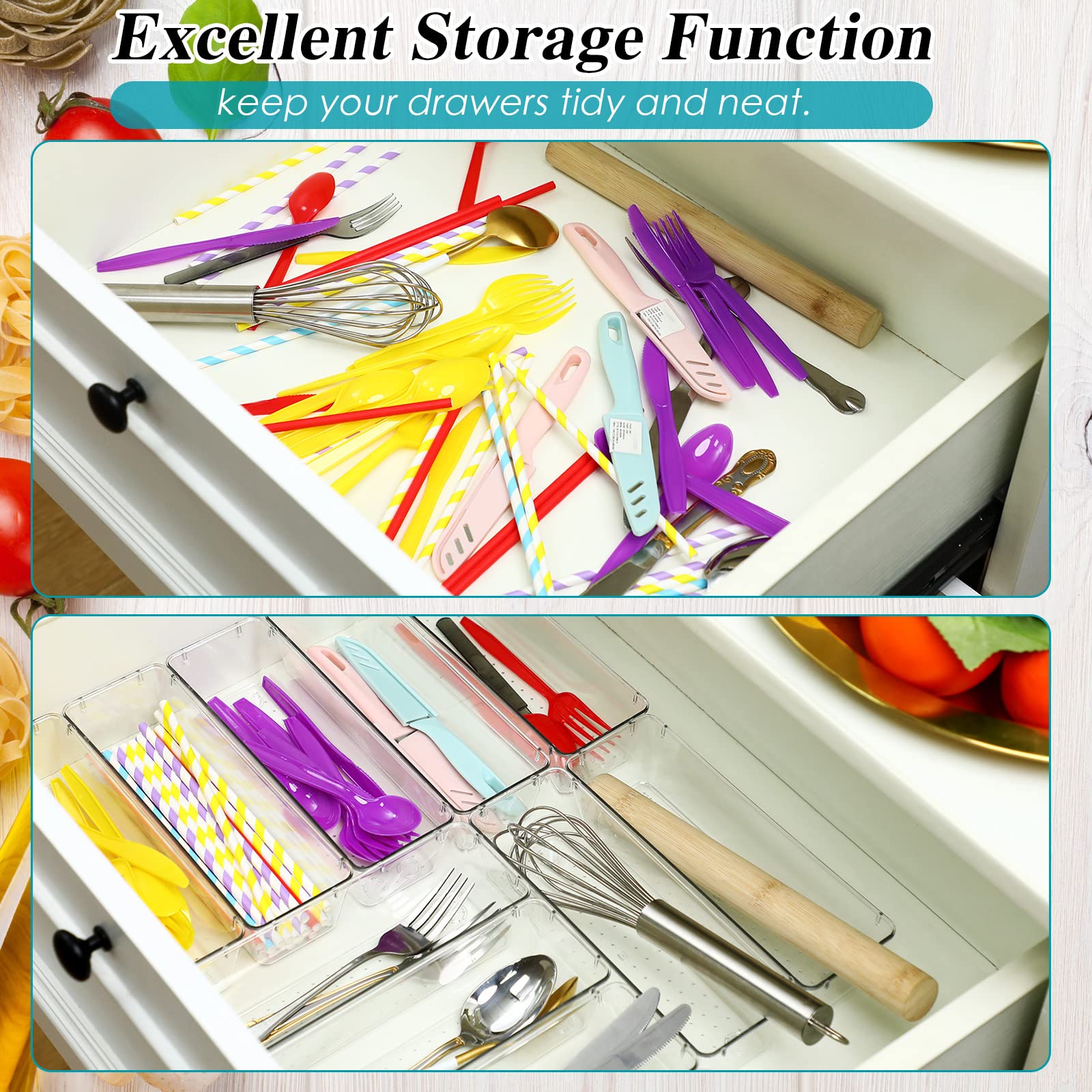 12 Pcs Clear Drawer Organizer 9 x 3 x 2 Inches Plastic Rectangle Trays Makeup Vanity Storage Bins and Kitchen Drawers Dividers for Office Desk Silverware Kitchen Utensils (12 Count)