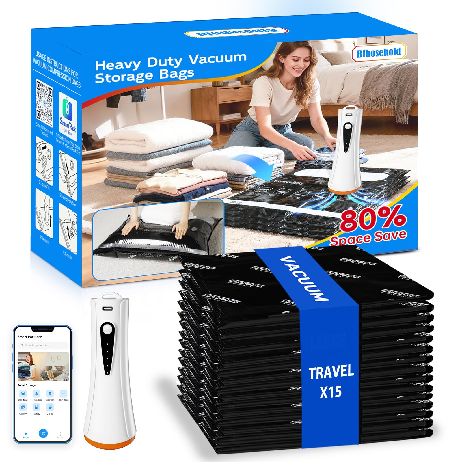 15 Pack Fabric Vacuum Storage Bags with Wireless Electric Pump