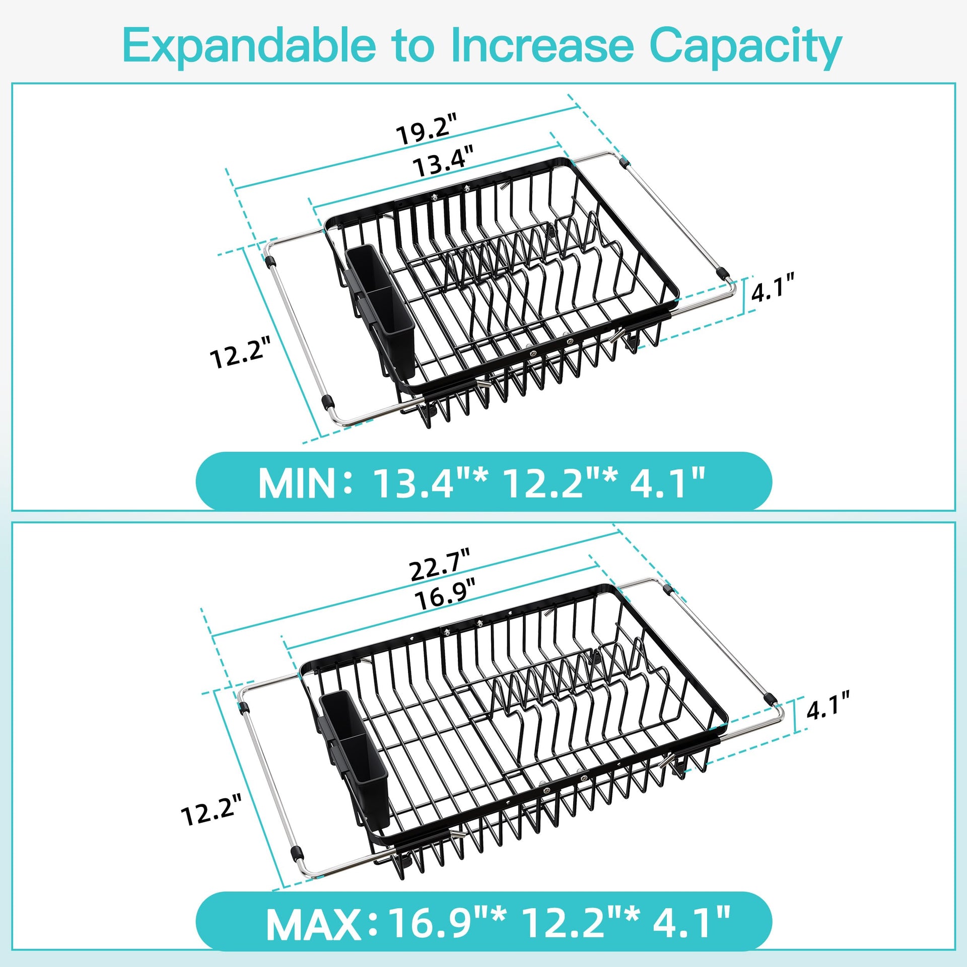 Black Dish Drying Rack Over the Sink with Utensil Holder