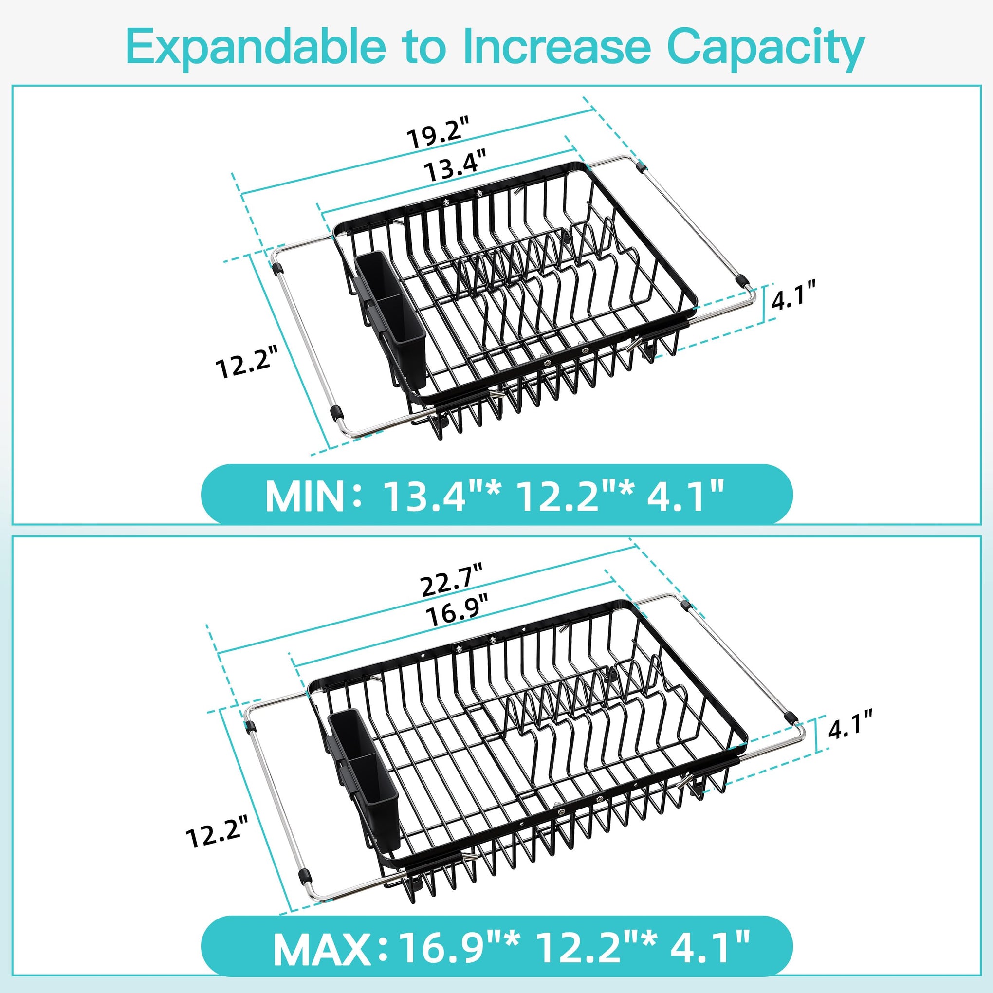 Black Dish Drying Rack Over the Sink with Utensil Holder