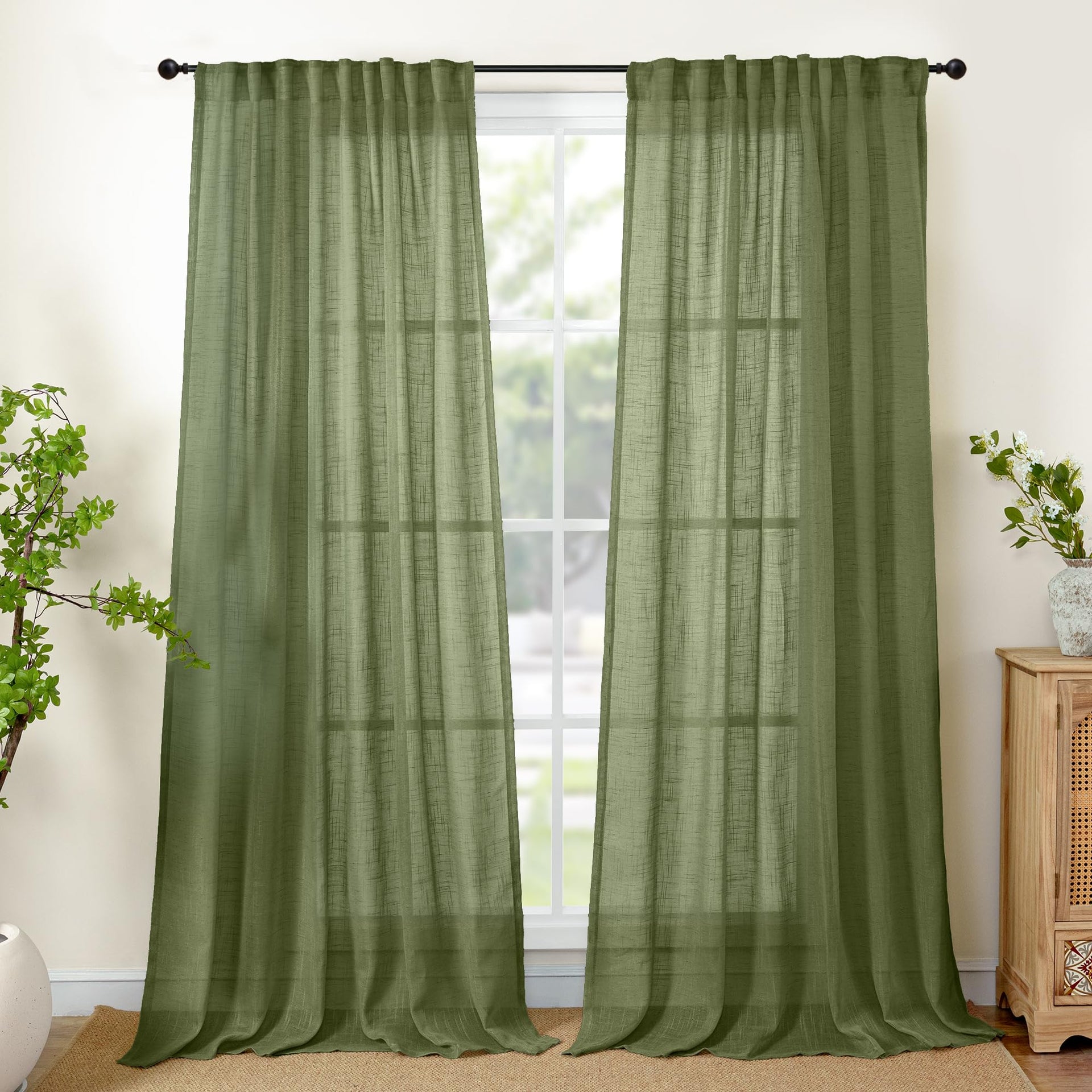 Olive Green Linen Semi Sheer Curtains 95 Inch Length (2 Count)