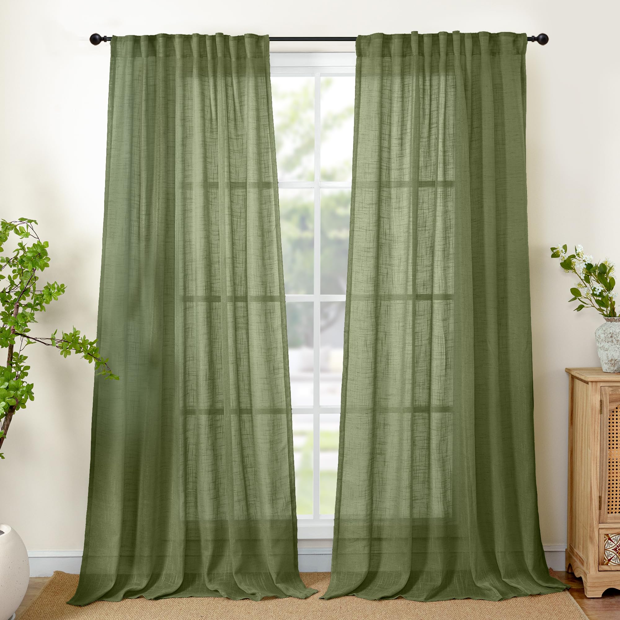 Olive Green Linen Semi Sheer Curtains 95 Inch Length (2 Count)
