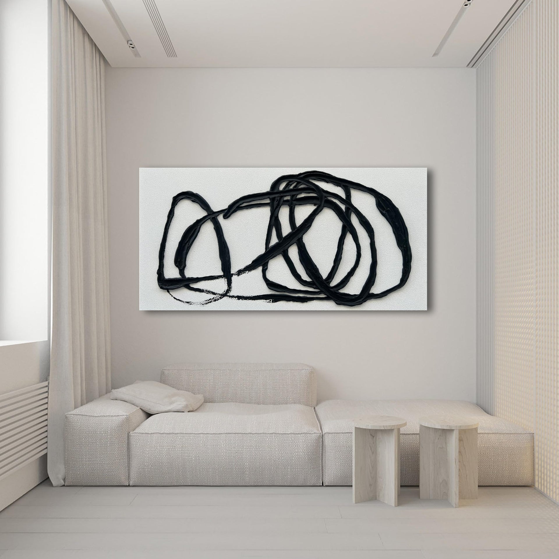 Art Hand Painted 30x60 inch Contemporary Minimalist Art Painting Black and White Texture Abstract Oil Painting Home Wall Decorative Art