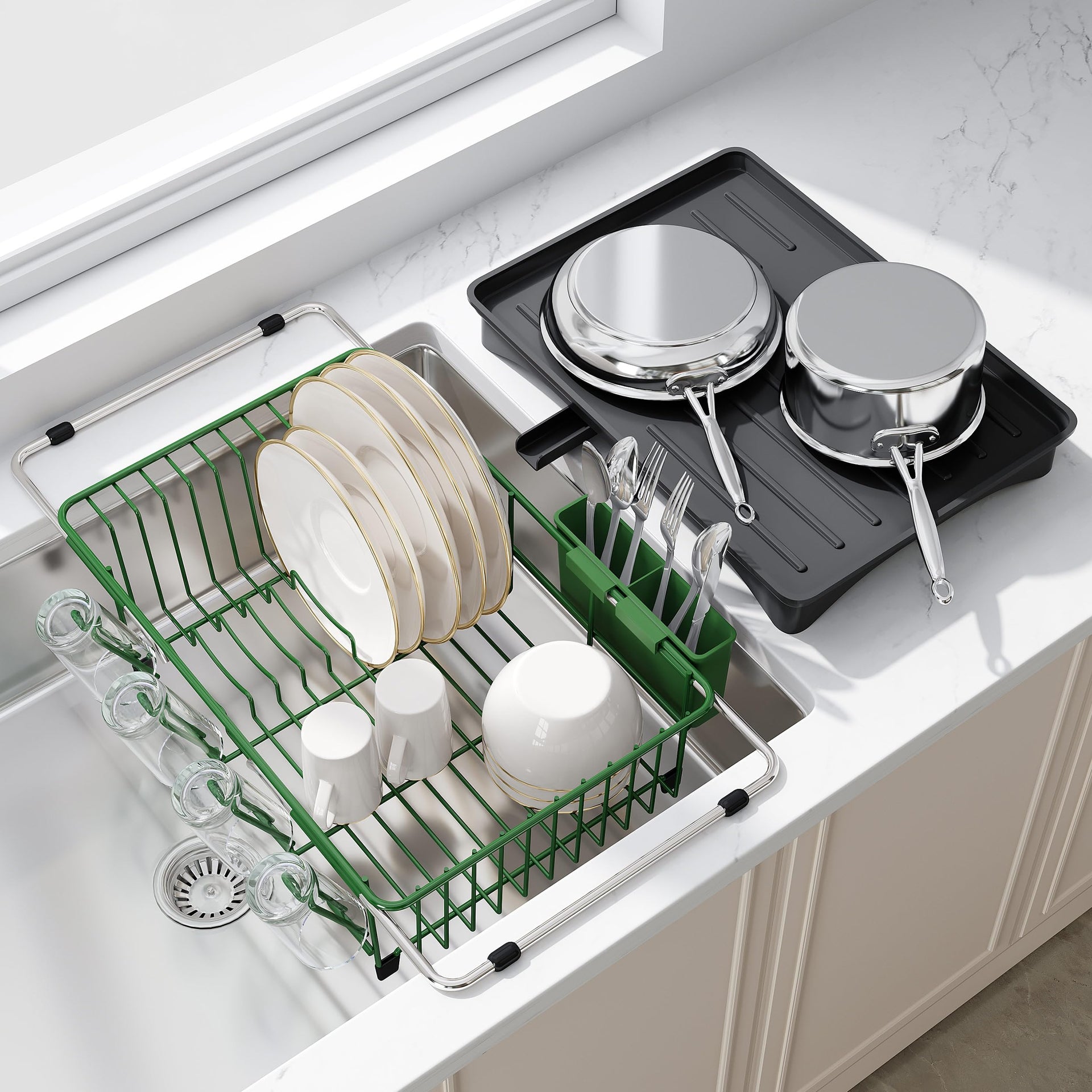 Green Dish Drying Rack in Sink with Drainboard and Utensil Holder